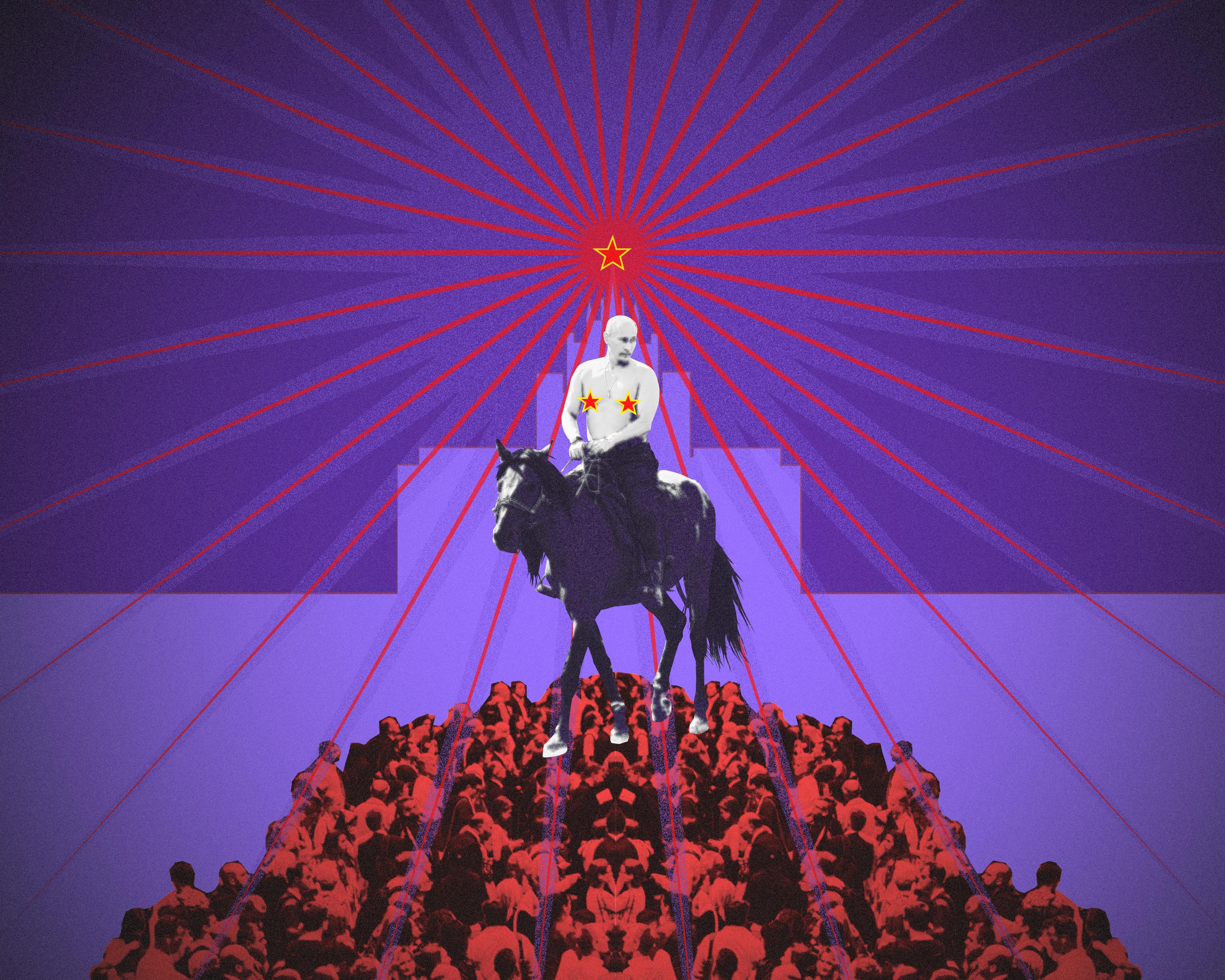 Kolaż: półnagi Putin na koniu, przed nim tłumy, nad nim czerwona gwiazda. czerwone gwiazdki służa tez do pruderyjnego zasłonięcia sutków Putina