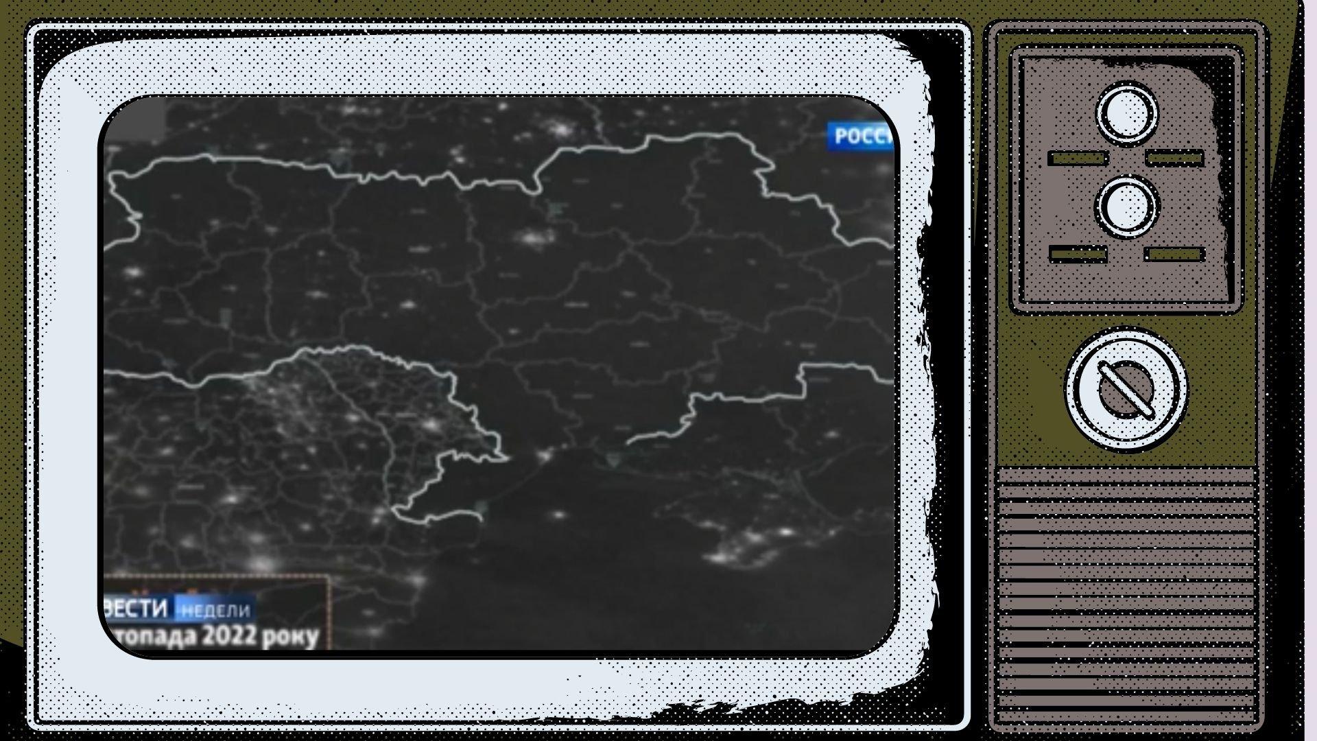 Grafika: na ekranie telewizora satelitarna mapa zaciemnionej Ukrainy
