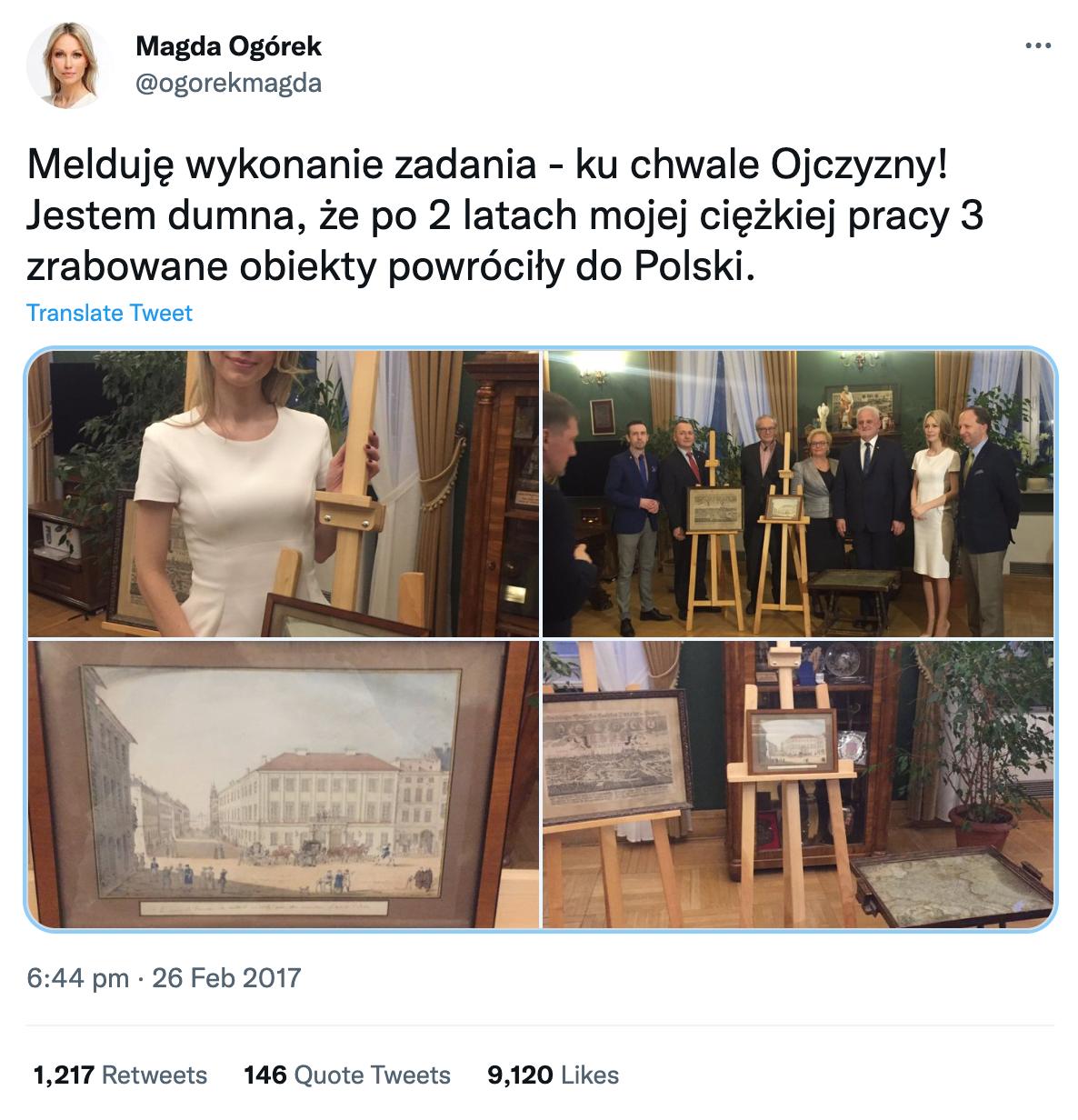 Zrzut ekranu tweeta Magdaleny Ogórek o odzyskanych dziełach sztuki