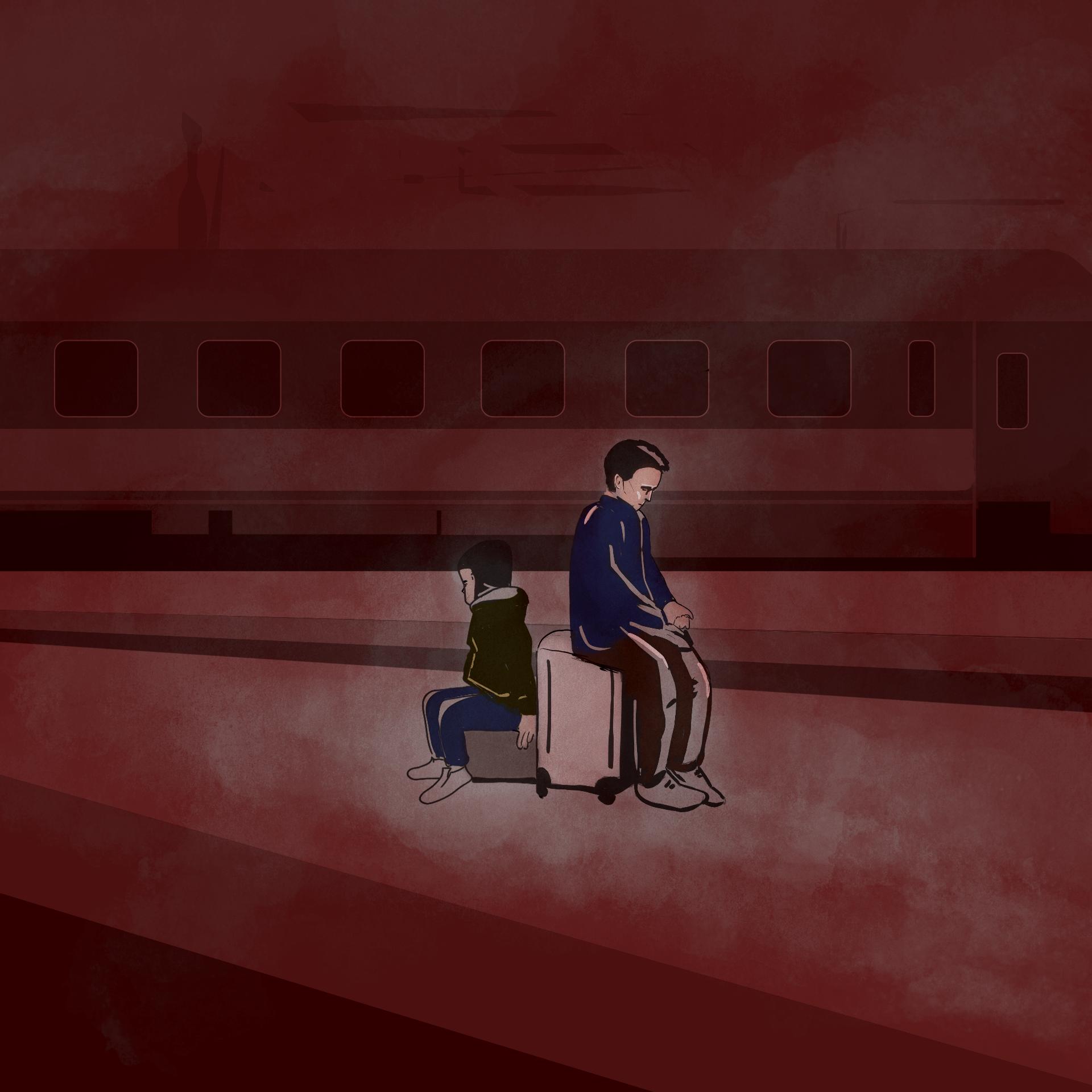 Ilustracja przedstawia dwójkę chłopców – nastolatka i kilkulatka – siedzących na walizkach na peronie kolejowym
