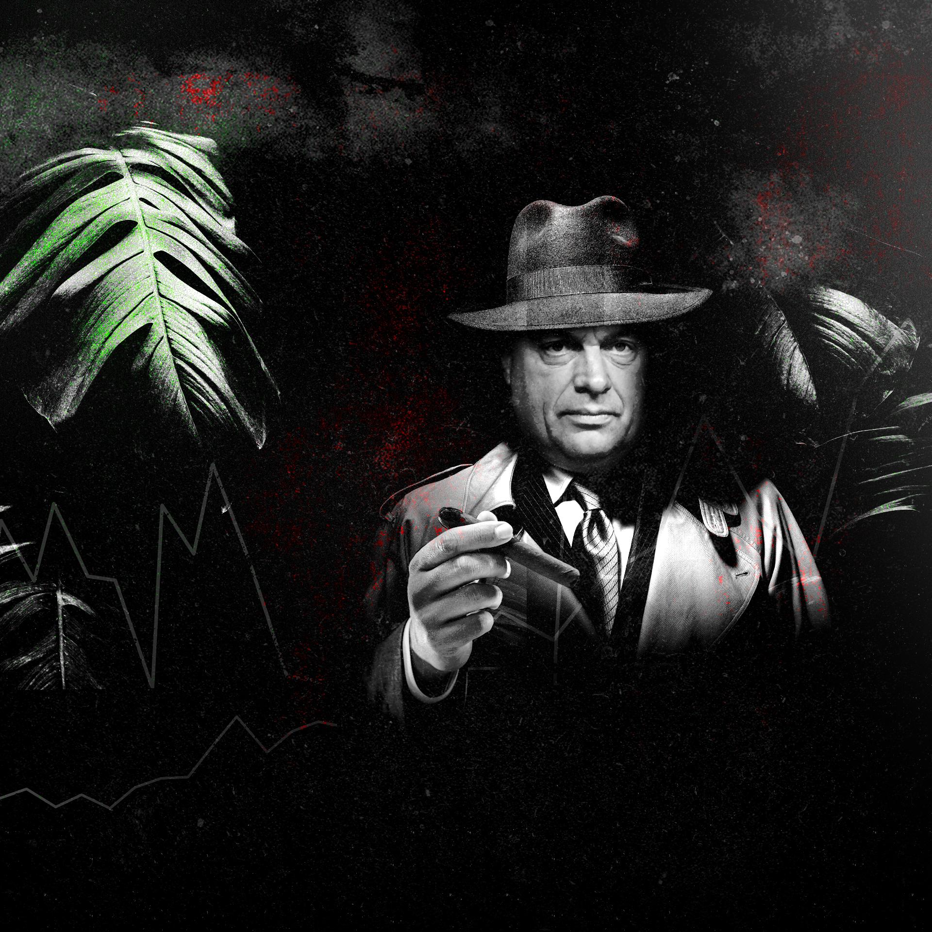 Fotomontaż Wiktora Orbana w gangsterskim stroju: kapeluszu z rondem, garniturze i prochowcu, trzymającego cygaro. Fotomontaż jest w stylu filmów noir