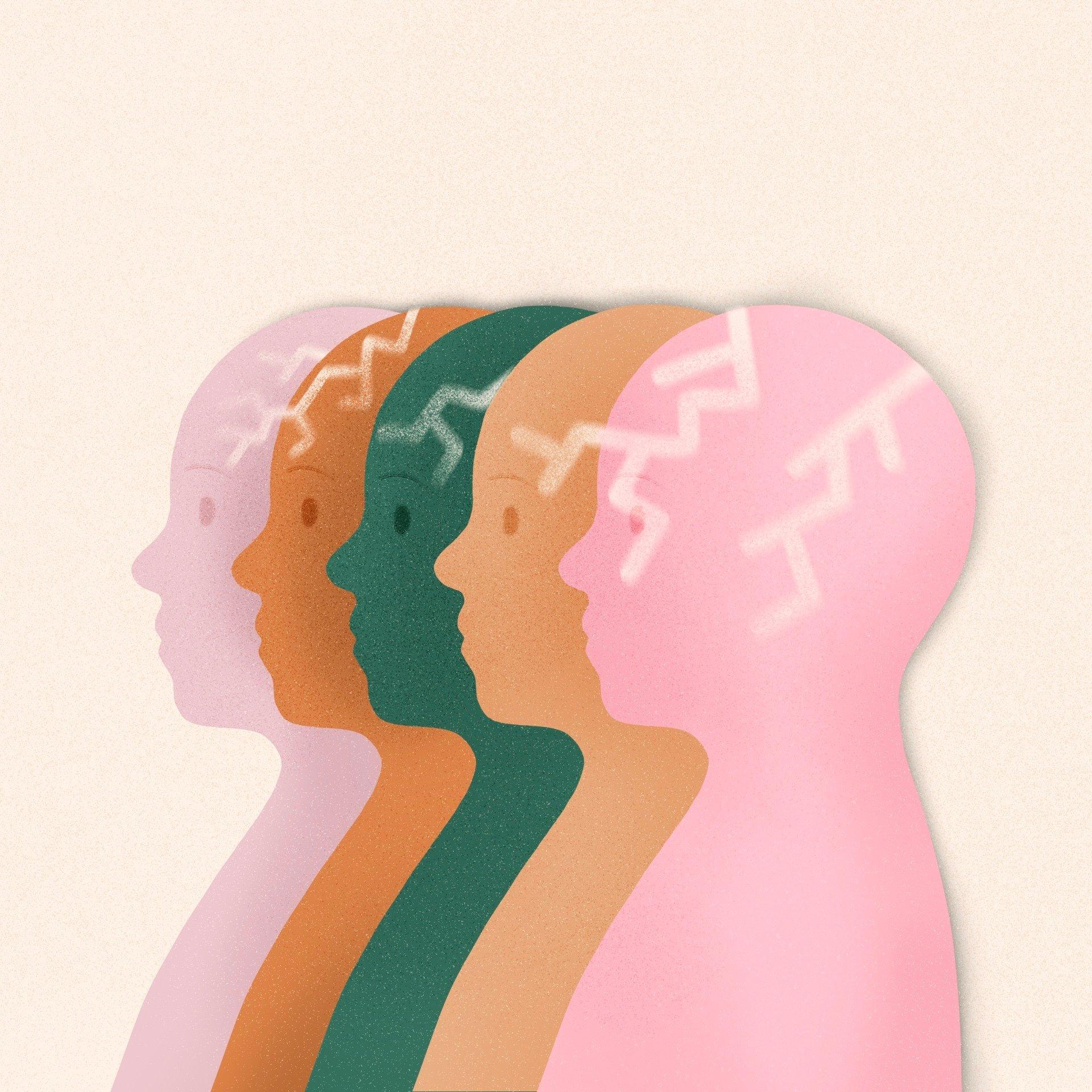 ilustracja przedstawia nakładające się na siebie ludzkie profile o różnych kolorach, przez głowy przechodzą „błyskawice" połączeń nerwowych