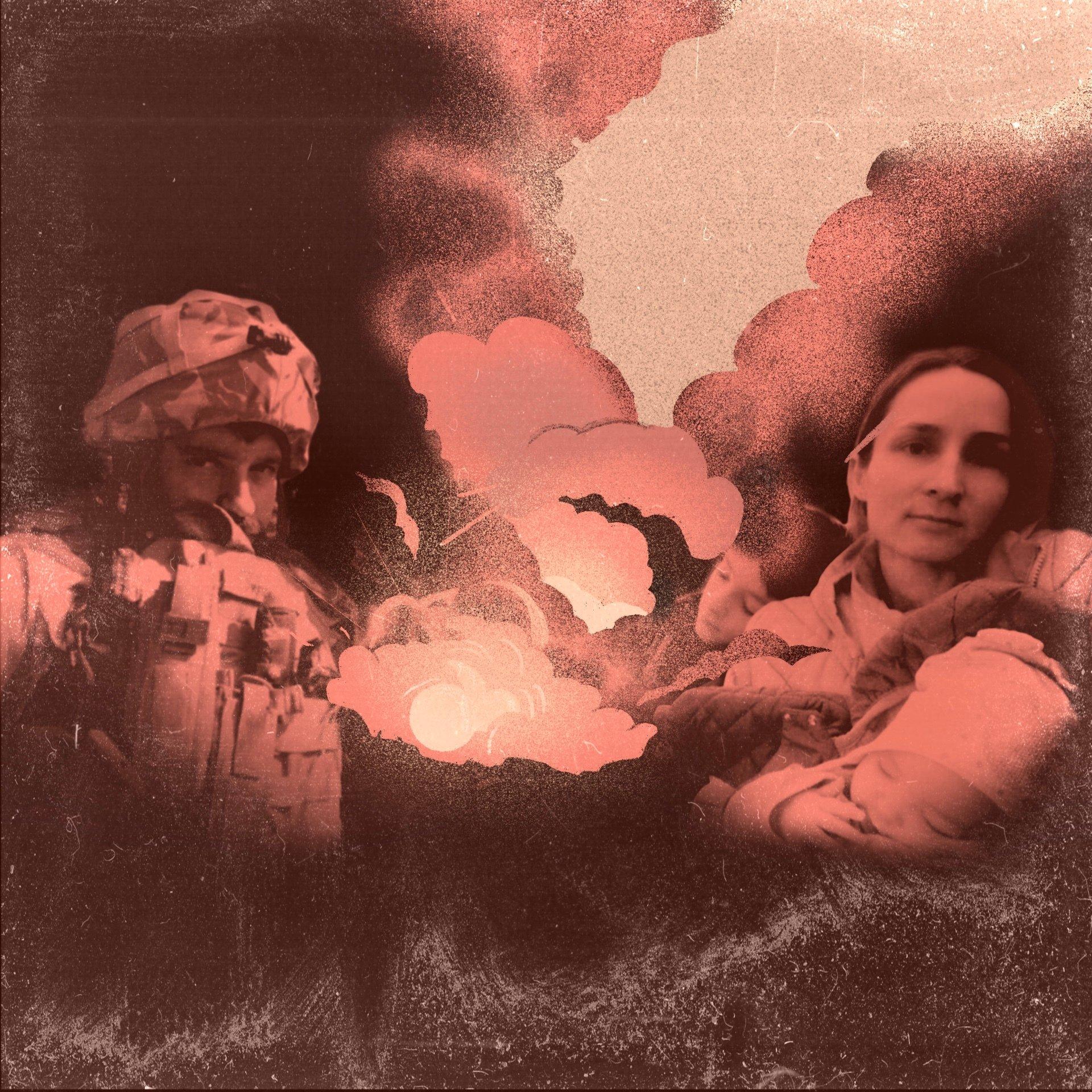 Ilustracja przedstawiająca żołnierza w hełmie i kobietę, oddzielonych chmurami