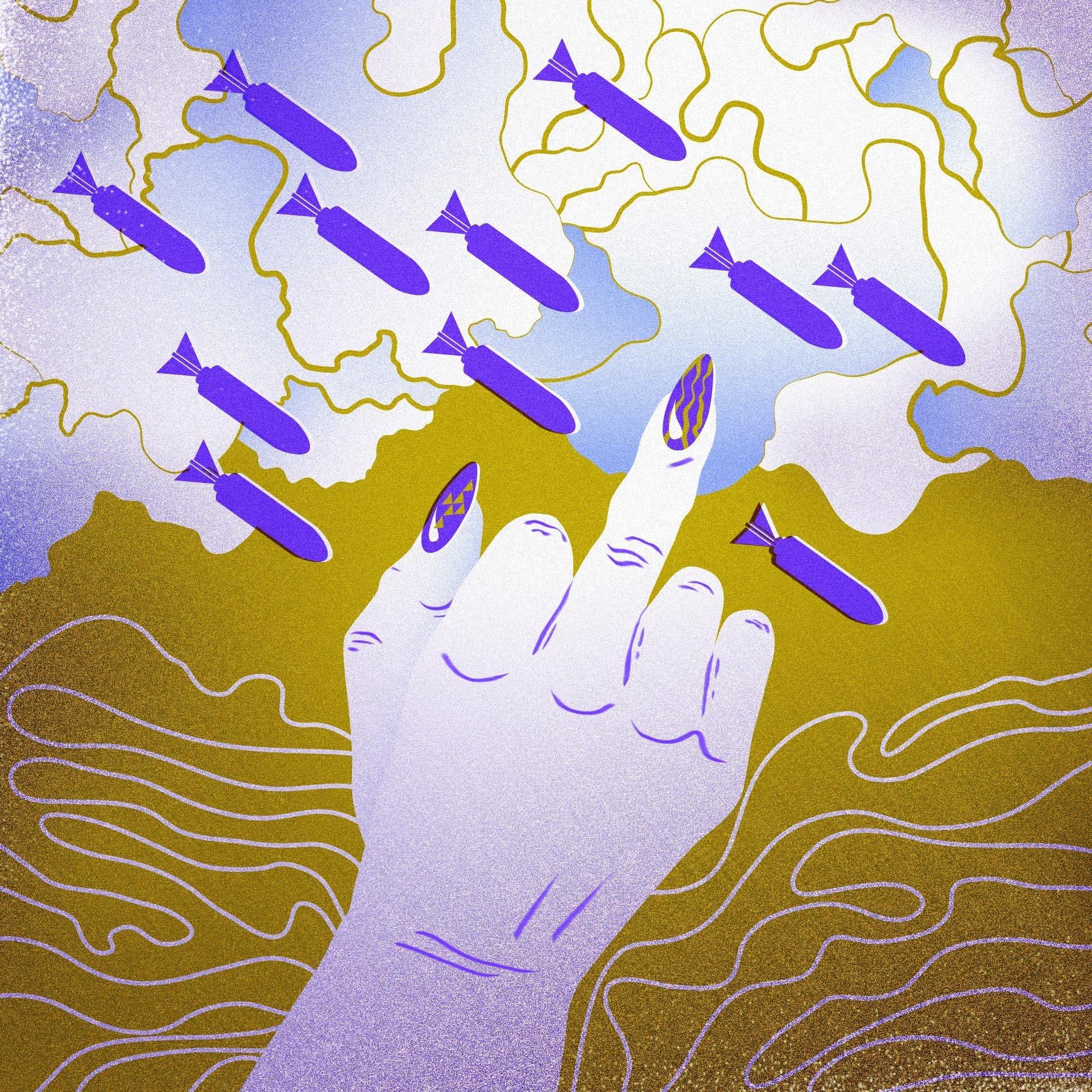 Ilustracja przedstawiająca kobiecą dłoń z wyciągnięty, środkowym palcem, z pomalowanym paznokciem, na tle lecących pocisków