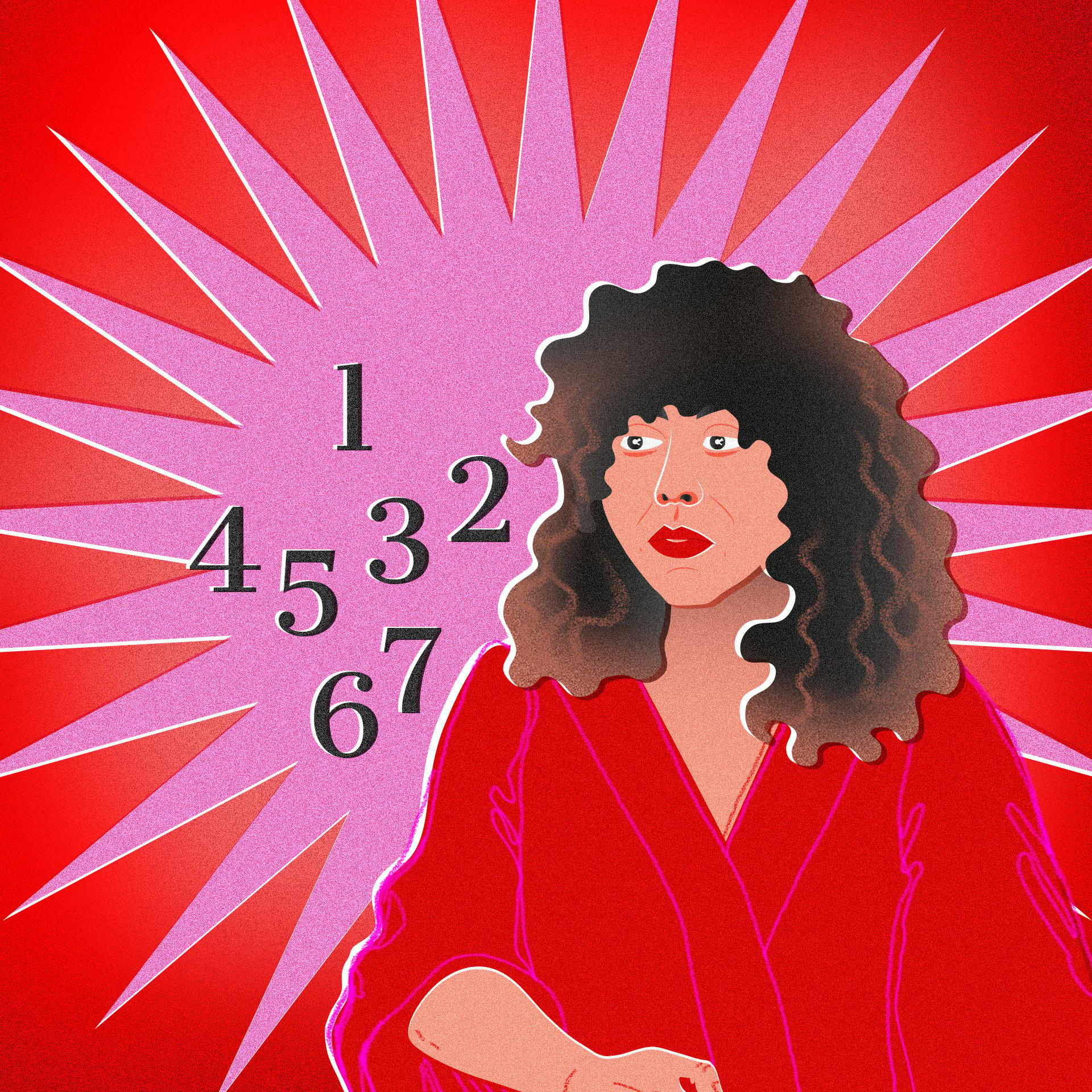Czerwona grafika z wizerunkiem kobiety o kręconych włosach (Agnieszki Szpili) i cyframi od 1 do 7