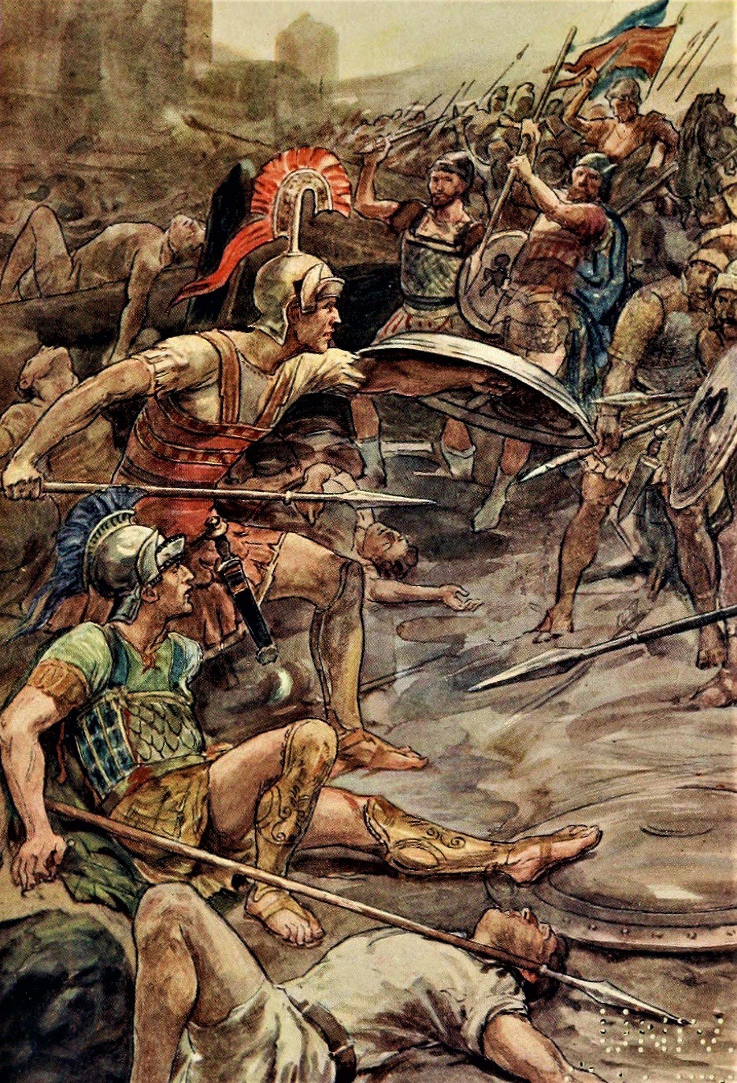 Wojownicy starożytnej Grecji pod czas bitwy o Pelopidas przedstawieni na kolorowym rysunku z 1900 roku