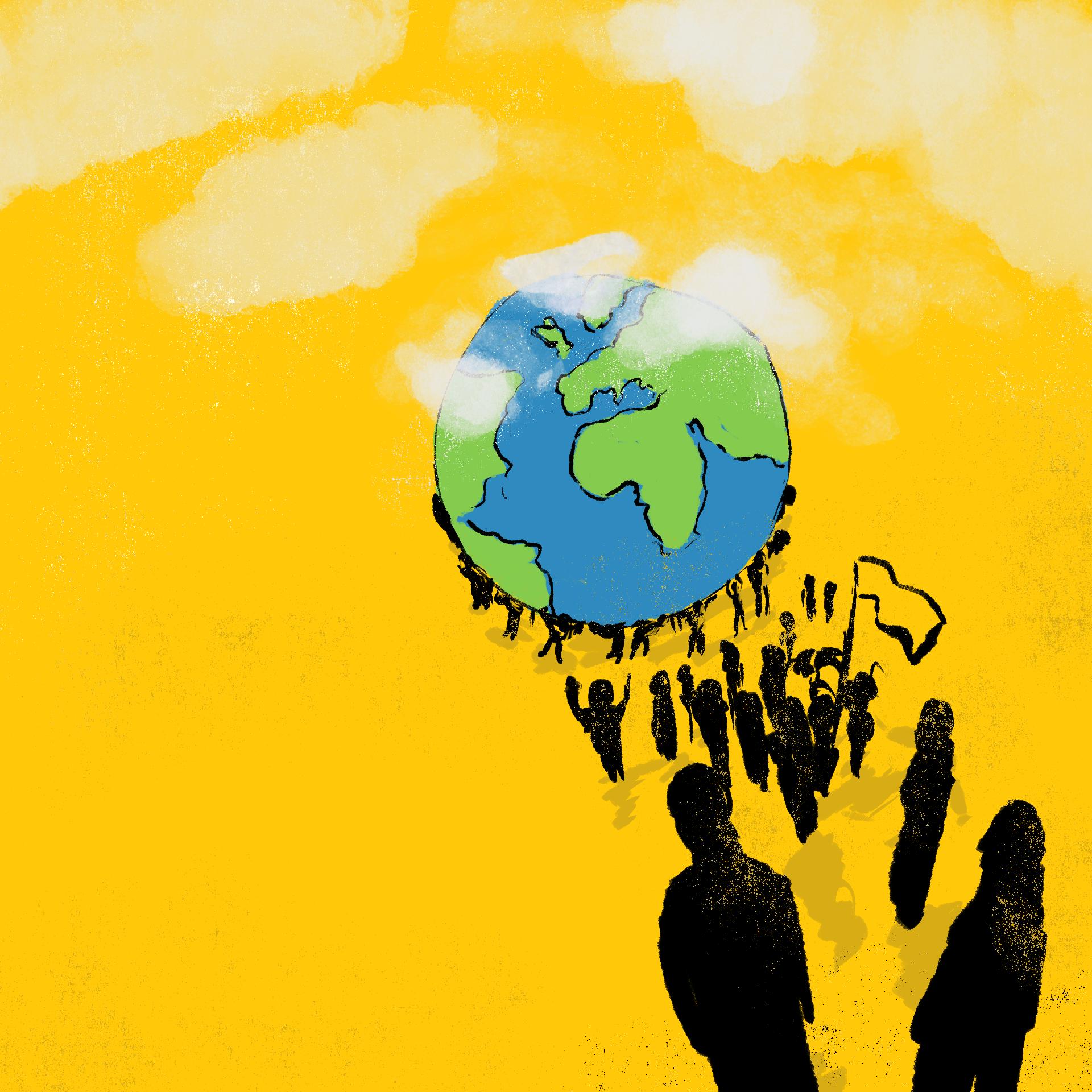 Ilustracja przedstawiająca planetę Ziemia na żółtym tle, w której kierunku idzie pochód ludzi z flagami