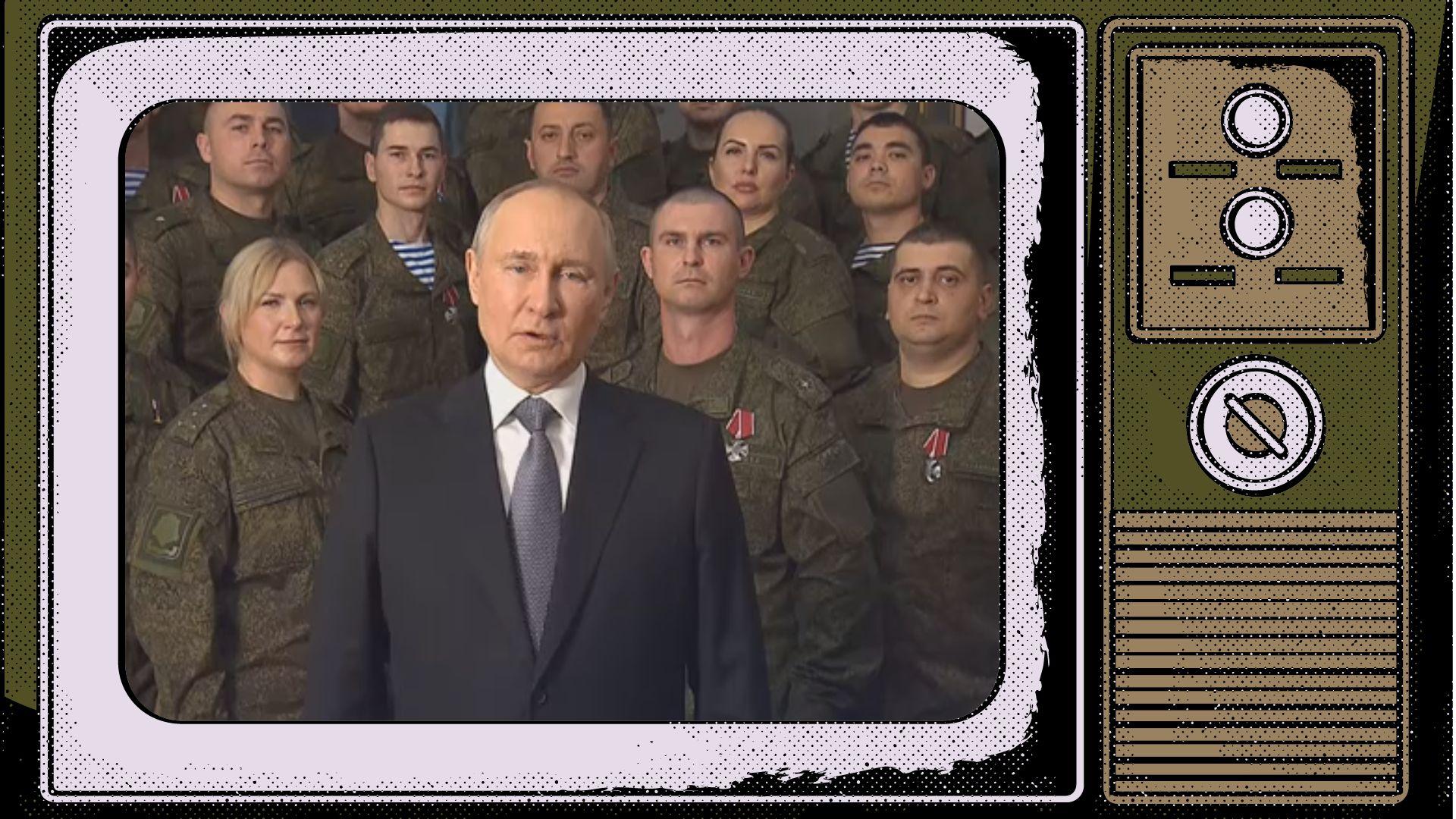 Grafika: Na ekranie starego telewizora umieszczony screen z orędzia Putina, który przemawia na tle ludzi w mundurach