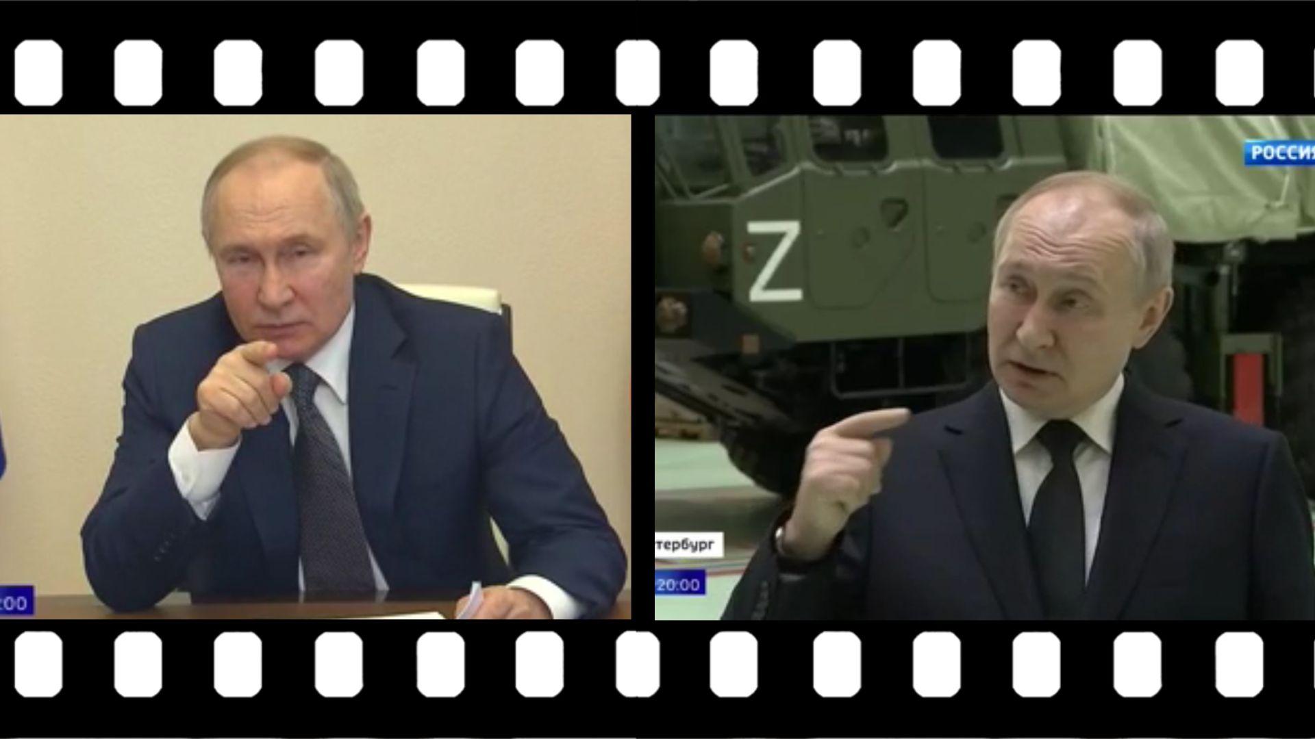 Grafika: w klisze filmowa wmontowane dwa zdjecia Putina, na których wodzi palcem