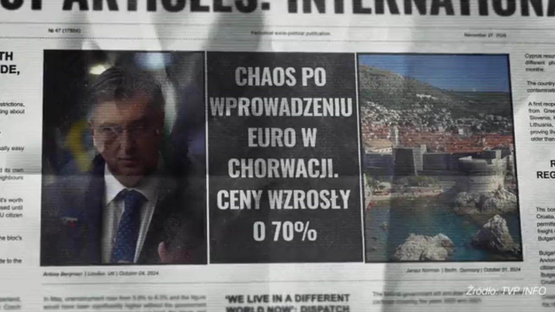 Nagłówek fikcyjnej gazety z białym napisem na czarnym tle: "Chaos po wprowadzeniu euro w Chorwacji, ceny wzrosły o 70%"