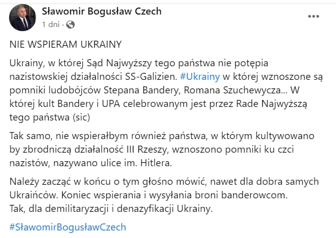 Zrzut ekranu postu Stanisława Czecha