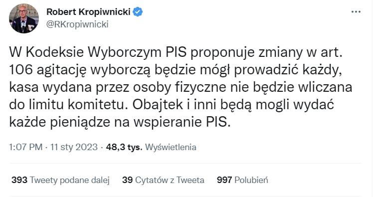 Zrzut ekranu tweeta posła Roberta Kropiwnickiego