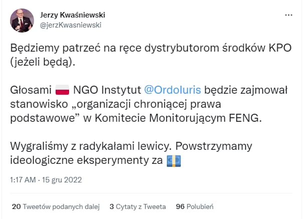 Screen zacytowanego wcześniej tweeta Jerzego Kwaśniewskiego, prezesa Ordo Iuris