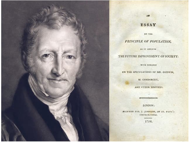 rycina przedstawia mężczyznę w stroju z epoki i okładkę księgi Johna Malthusa