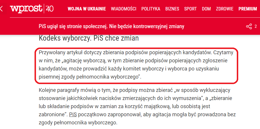 Zrzut ekranu artykułu z portalu wprost.pl. Podano w nim brzmienie artykułu 106 kodeksu wyborczego sprzed 2018 roku jako wersję obowiązującą obecnie