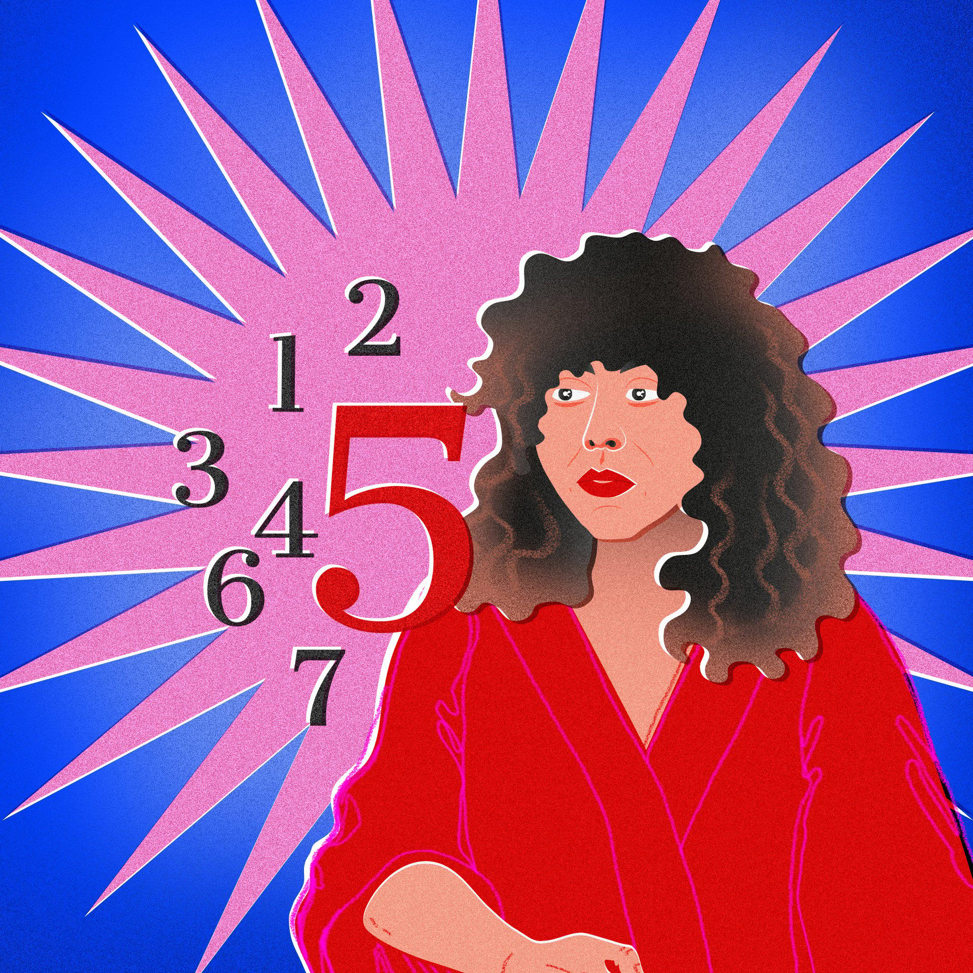 Różowo-czerwona grafika z wizerunkiem kobiety o kręconych włosach (Agnieszki Szpili) i cyframi od 1 do 7, gdzie wyróżniona jest cyfra 5