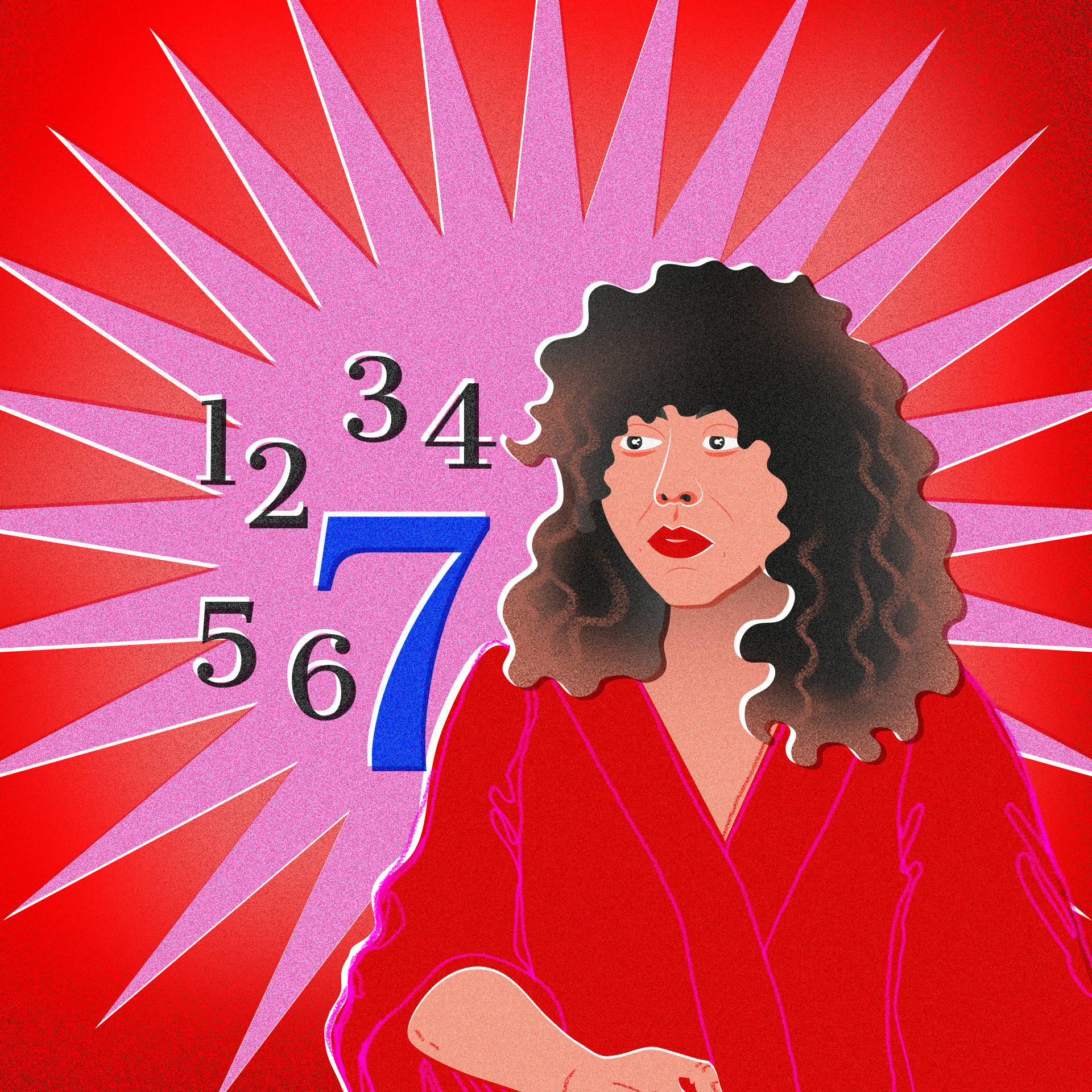 Różowo-czerwona grafika z wizerunkiem kobiety o kręconych włosach (Agnieszki Szpili) i cyframi od 1 do 7, gdzie wyróżniona jest cyfra 7