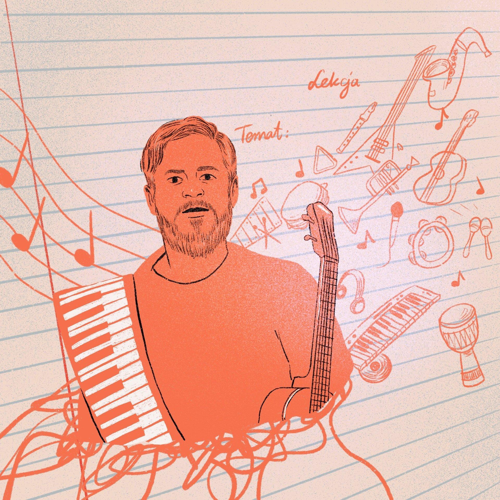 ilustracja przedstawiająca mężczyznę, trzymającego na ramieniu silikonowy keyboard i ukulele, na tle zeszytu w linię z instrumentami muzycznymi