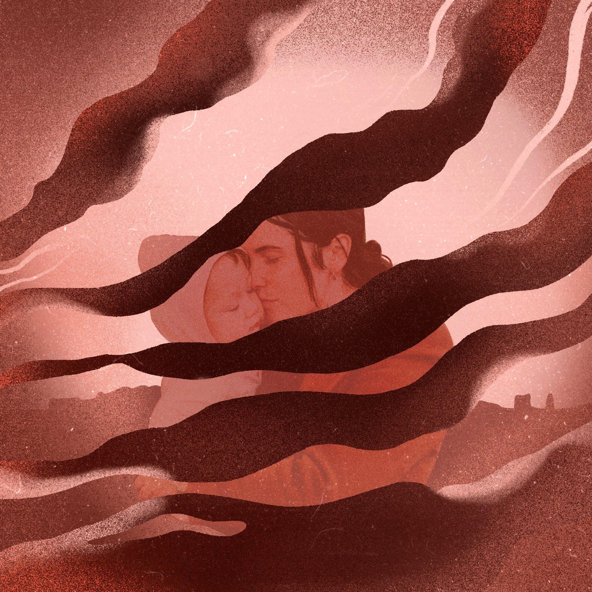 Na rysunku widać kobietę trzymającą małe dziecko. Kobieta trzyma dziecko przy twarzy. Nad nimi ciągną się czarne kłęby dymu. Ilustracja namalowana jest w brązowo-czerwonych barwach.