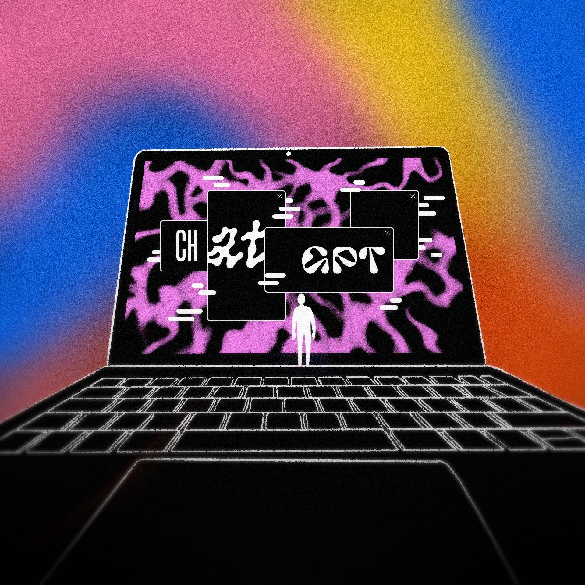 Laptop na kolorywm tle, na ekranie zdeformowane litery składające się na napis ChatGPT