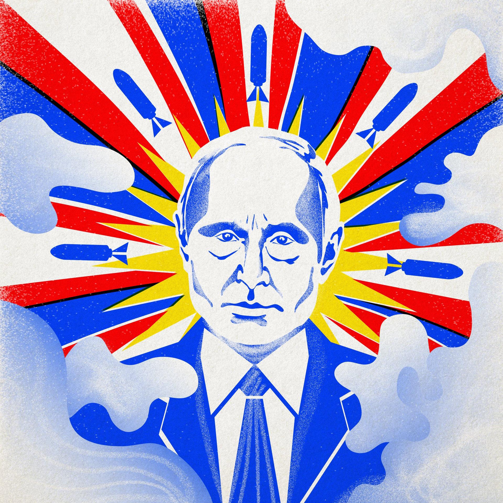 Grafika: niebeski Putin wyłaniający się z chmur w promieniach w kolorach rosyjskiej flagi, wśród rakiet i wybuchów
