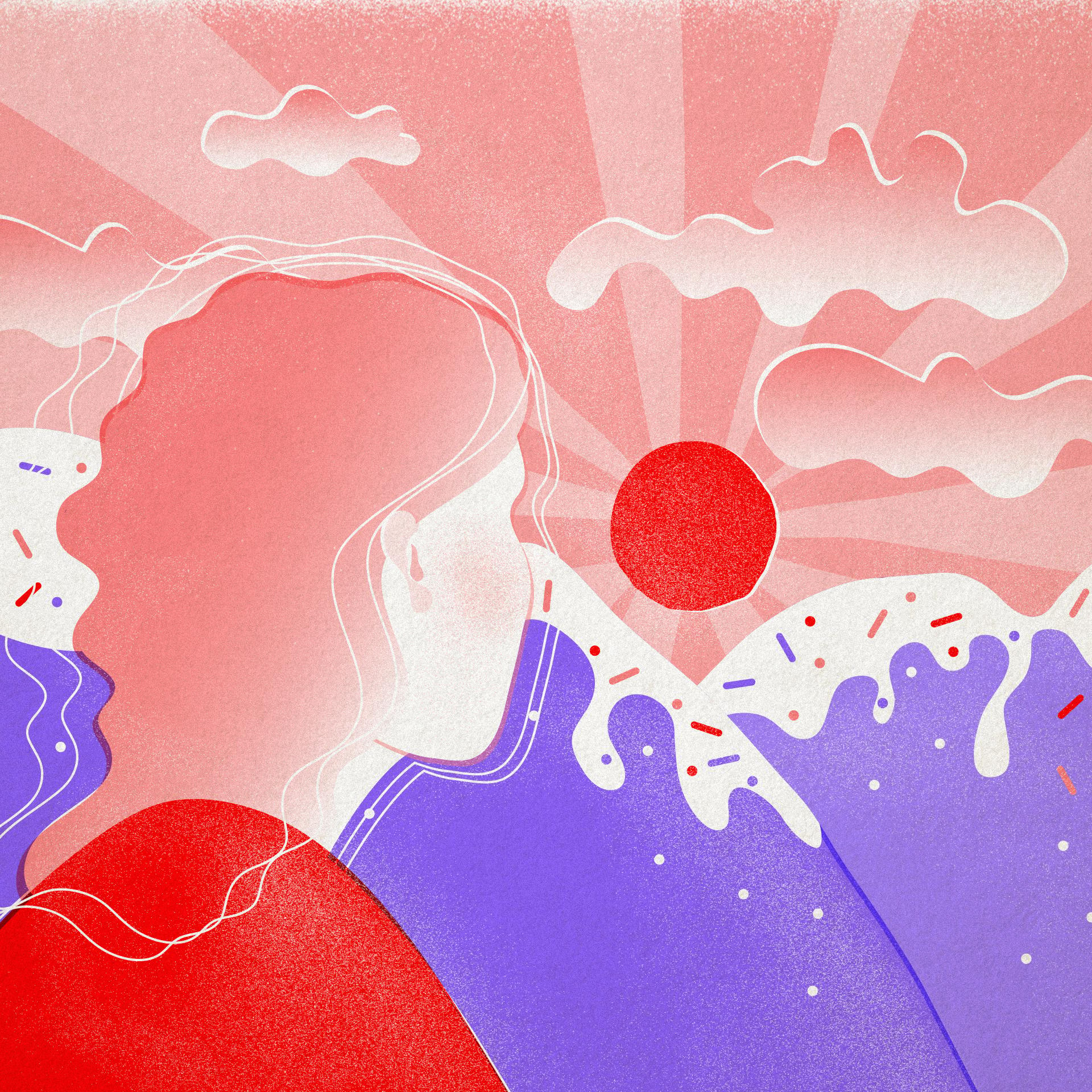 ilustracja przedstawia kobiecą postać wpatrującą się w czerwone słońce za fioletowymi górami