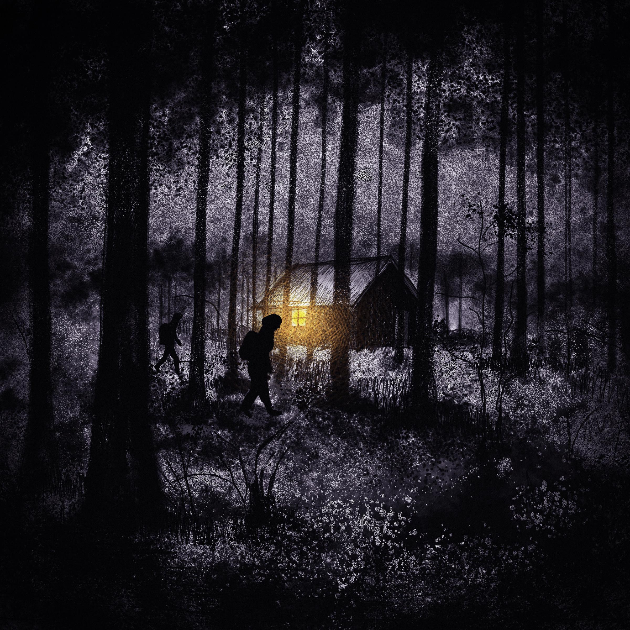 ilustracja przedstawia wędrowca w ciemnym lesie i chatkę z rozświetlonym oknem