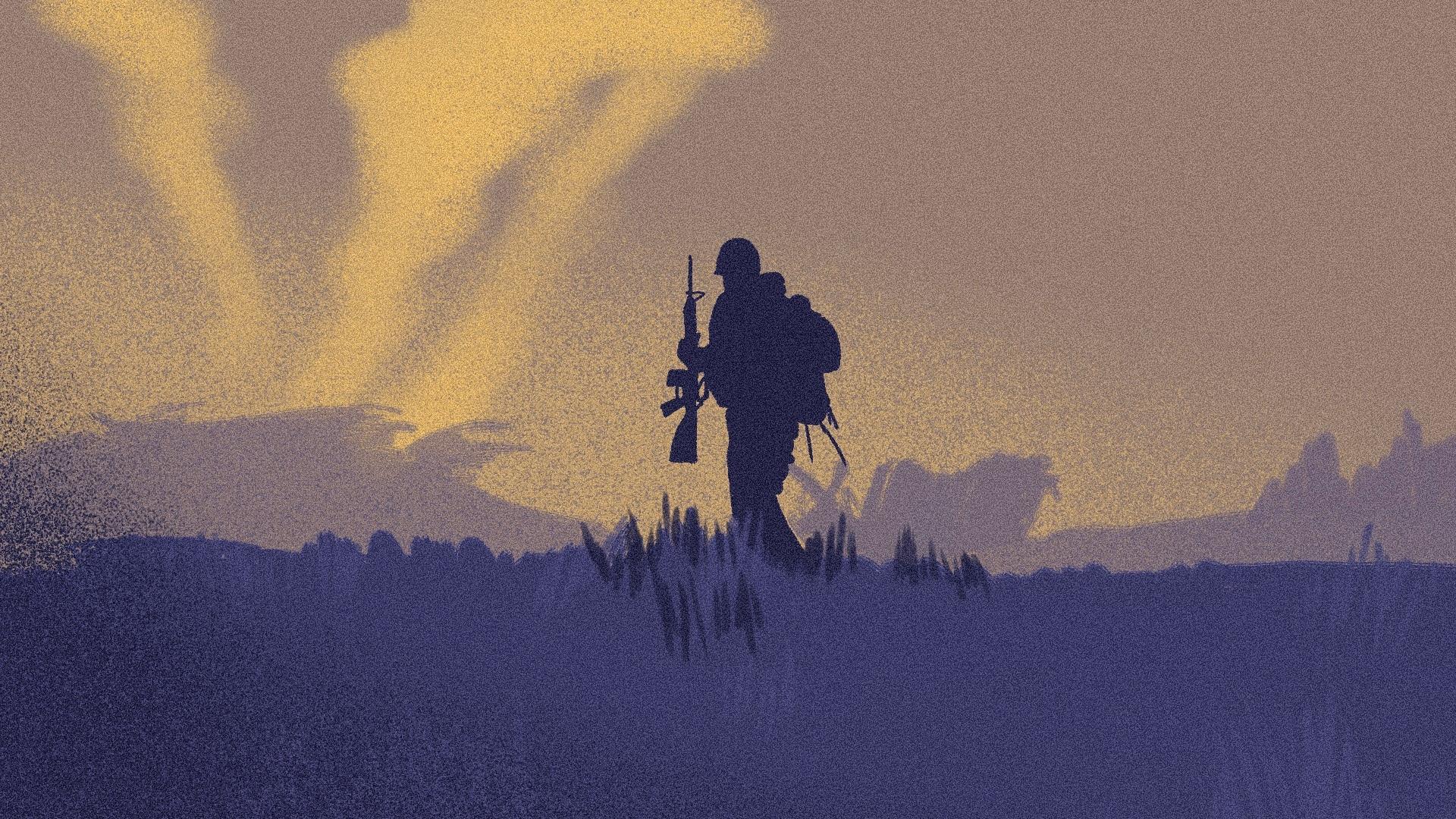 Sylwetka żołnierza z bronią na tle krajobrazu, na niebie widać smugi dymu.