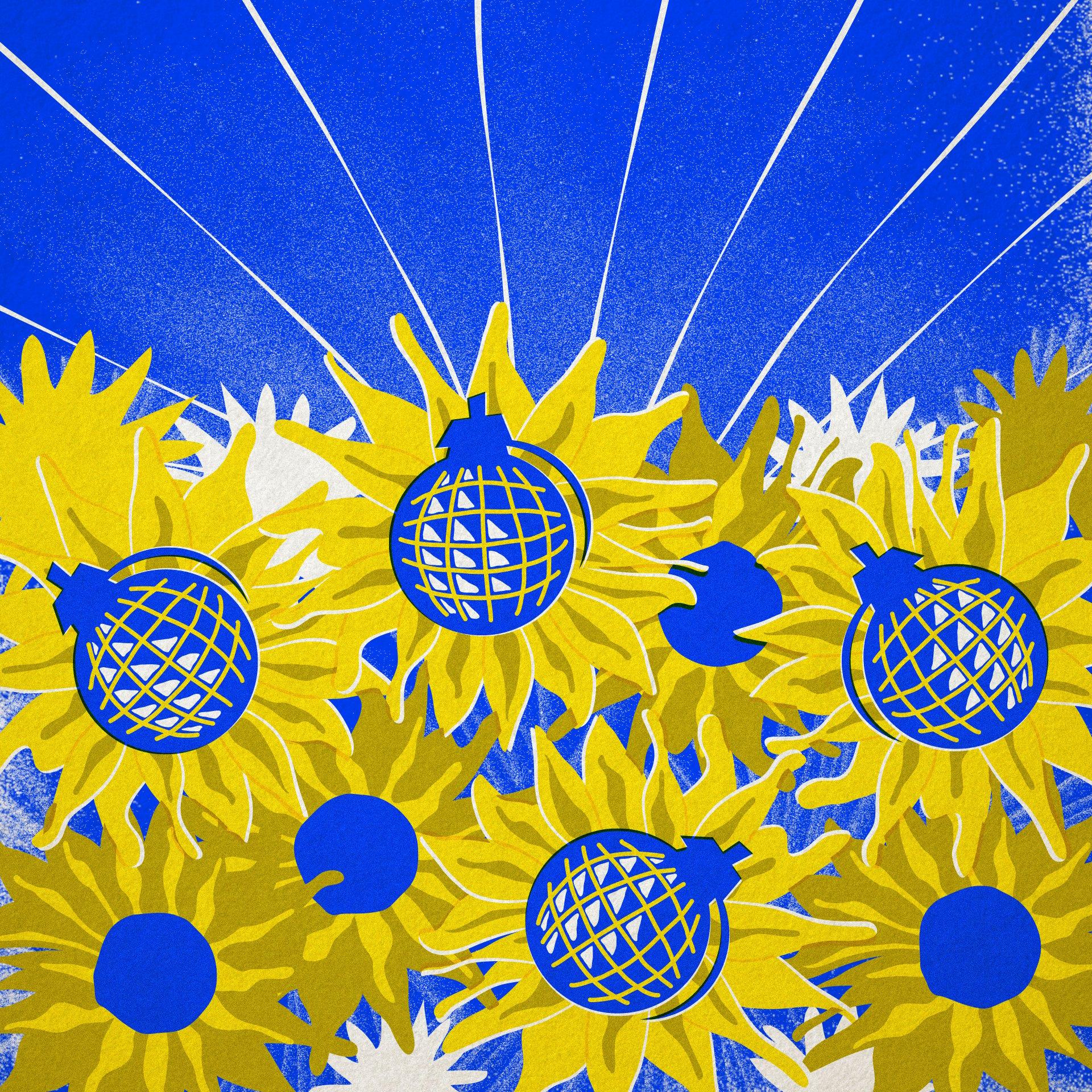 Grafika. Na tle niebieskiego nieba - zołte słoneczniki (barwy Ukrainy). Słoneczniki mają środki z niebieskich bomb