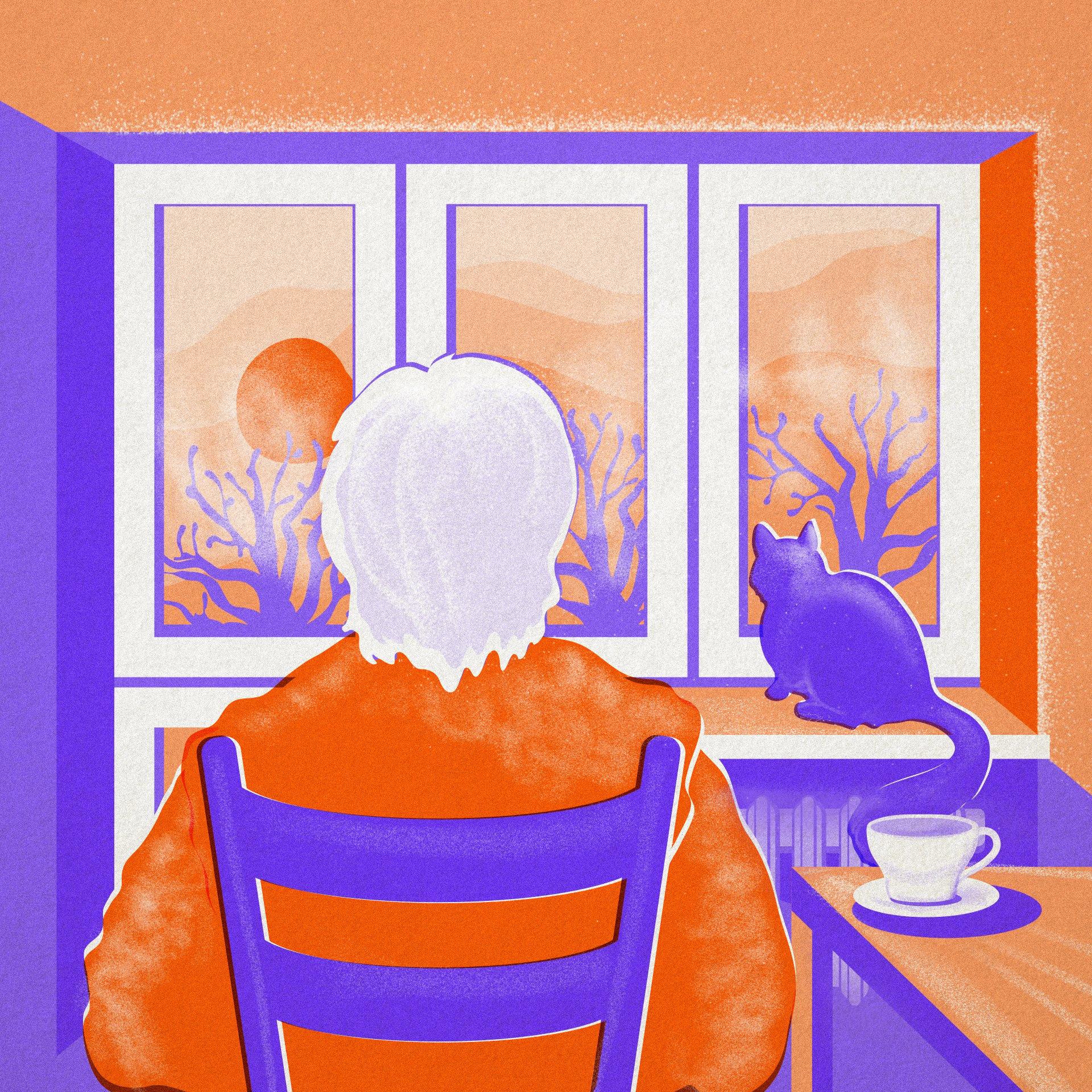 Pomarańczowo-niebieska grafika: siwa kobieta patrzy przez okno. Na parapecie kot