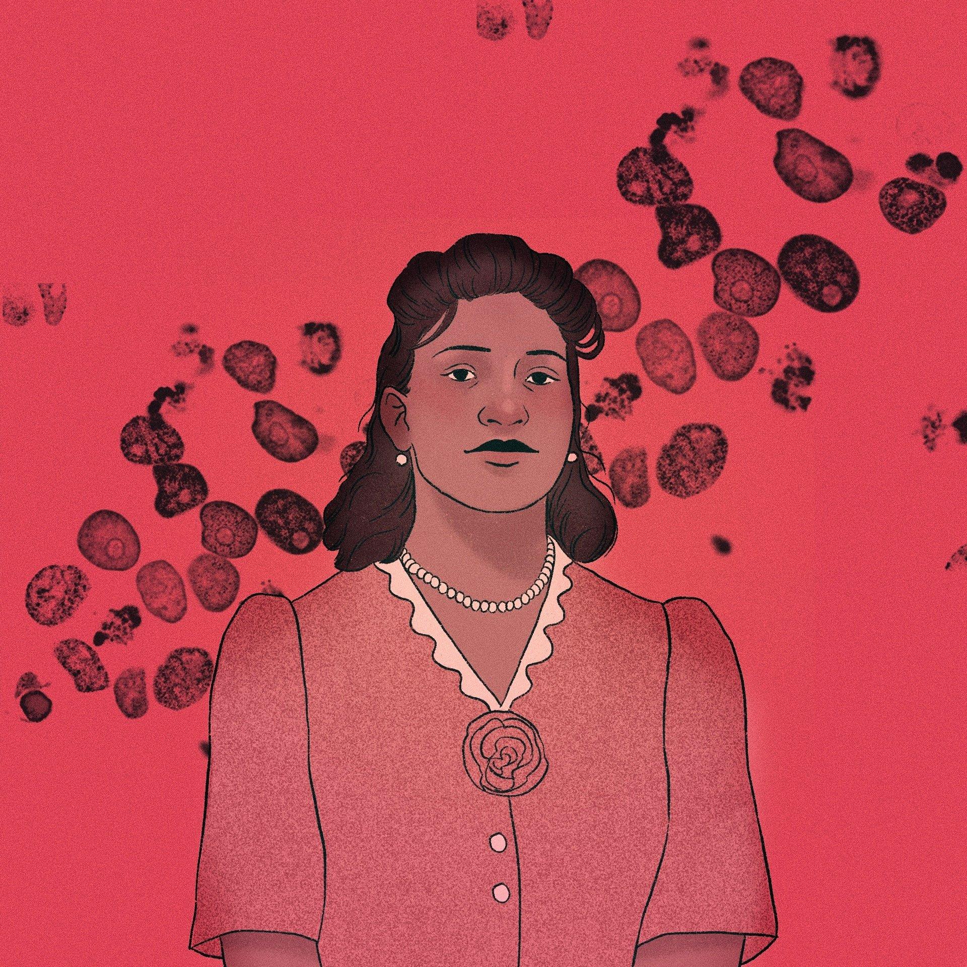 Ilustracja, przedstawiająca kobietę w czerwonej sukience na tle dzielących się komórek.