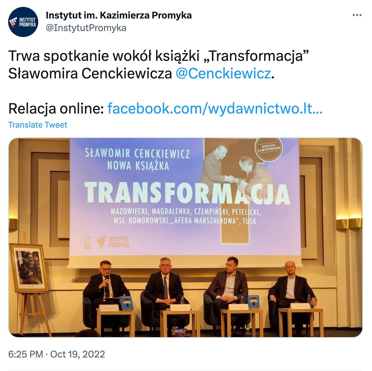 Tweet Instytutu Promyka ze zdjęciem z promocji książki Sławomira Cenckiewicza.
