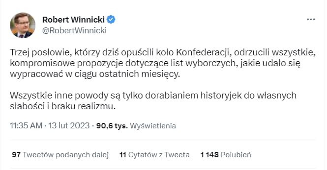 Zrzut ekranu tweeta Roberta Winnickiego