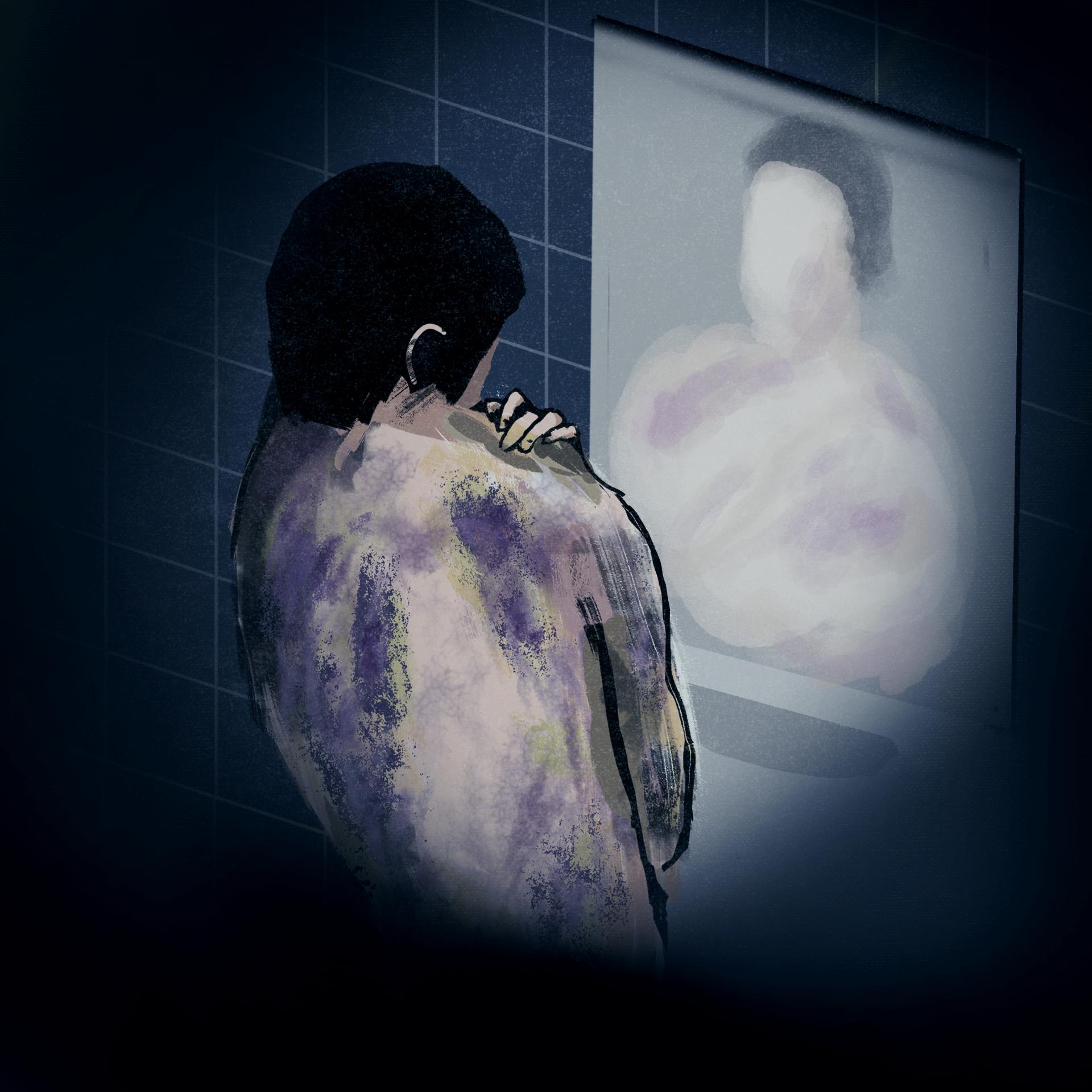 rysunek: postać z sinymi plecami stoi przed lustrem