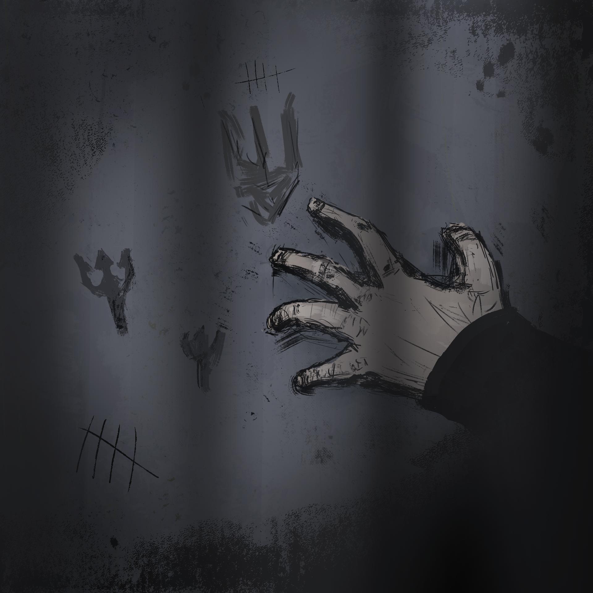 Rysunek: dłoń dotyka ściany, na której wydrapano symbol tryzuba