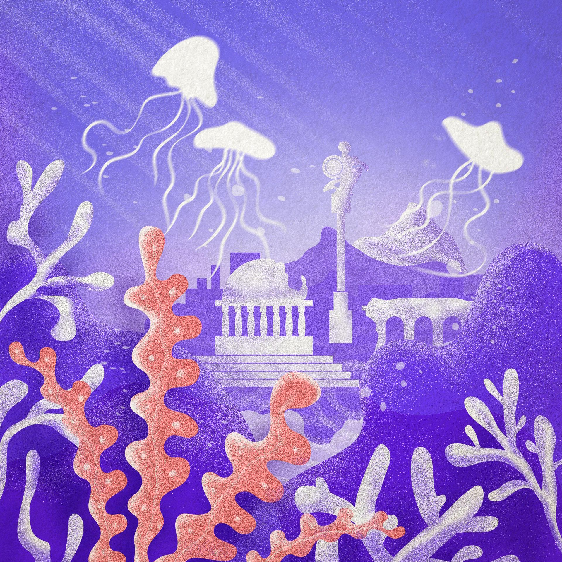 Rysunek przedstawia zatopione starożytne budynki, nad nimi pływają meduzy