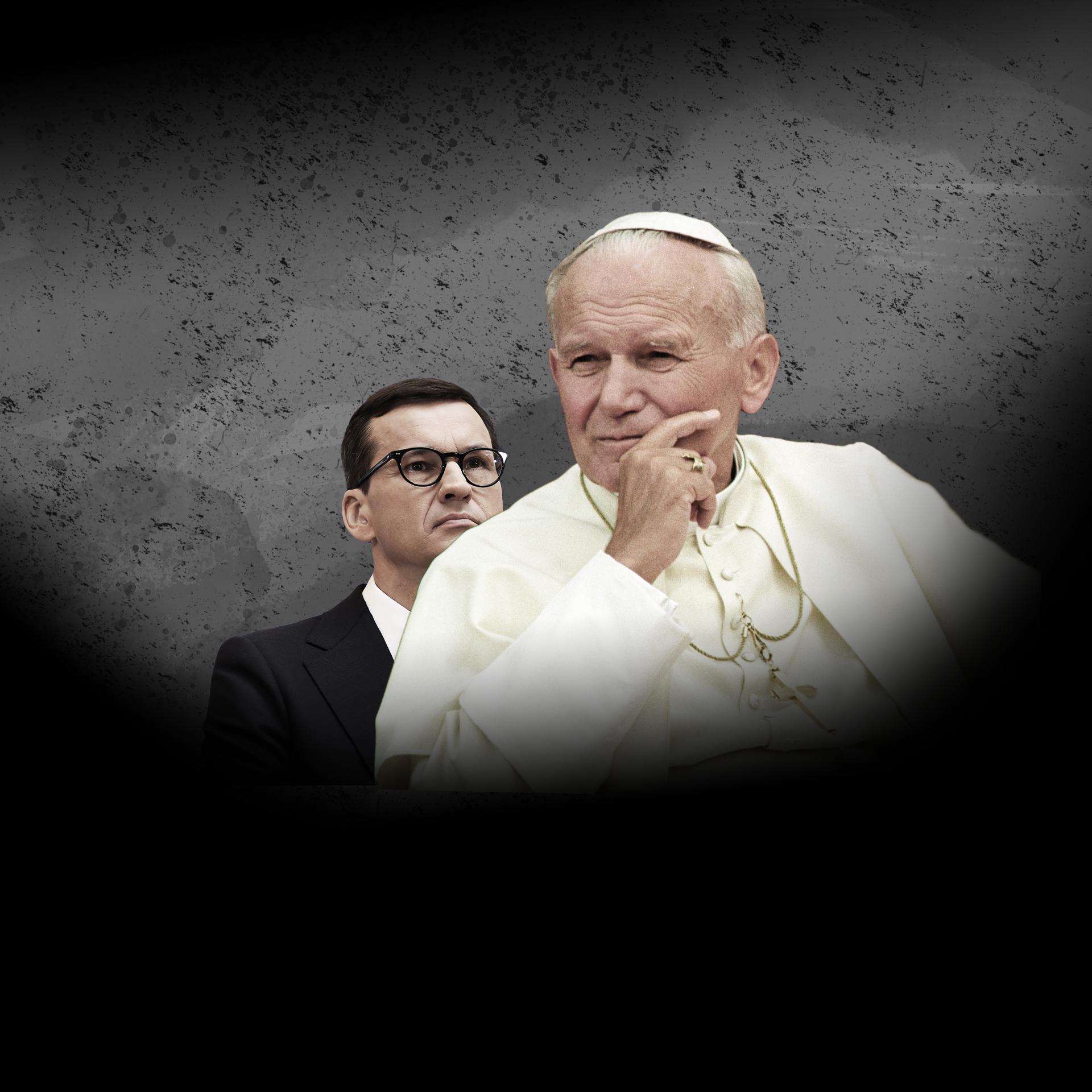Fotomontaż przedstawiający Mateusza Morawieckiego, który wpatruje się ufnie w Jana Pawła II