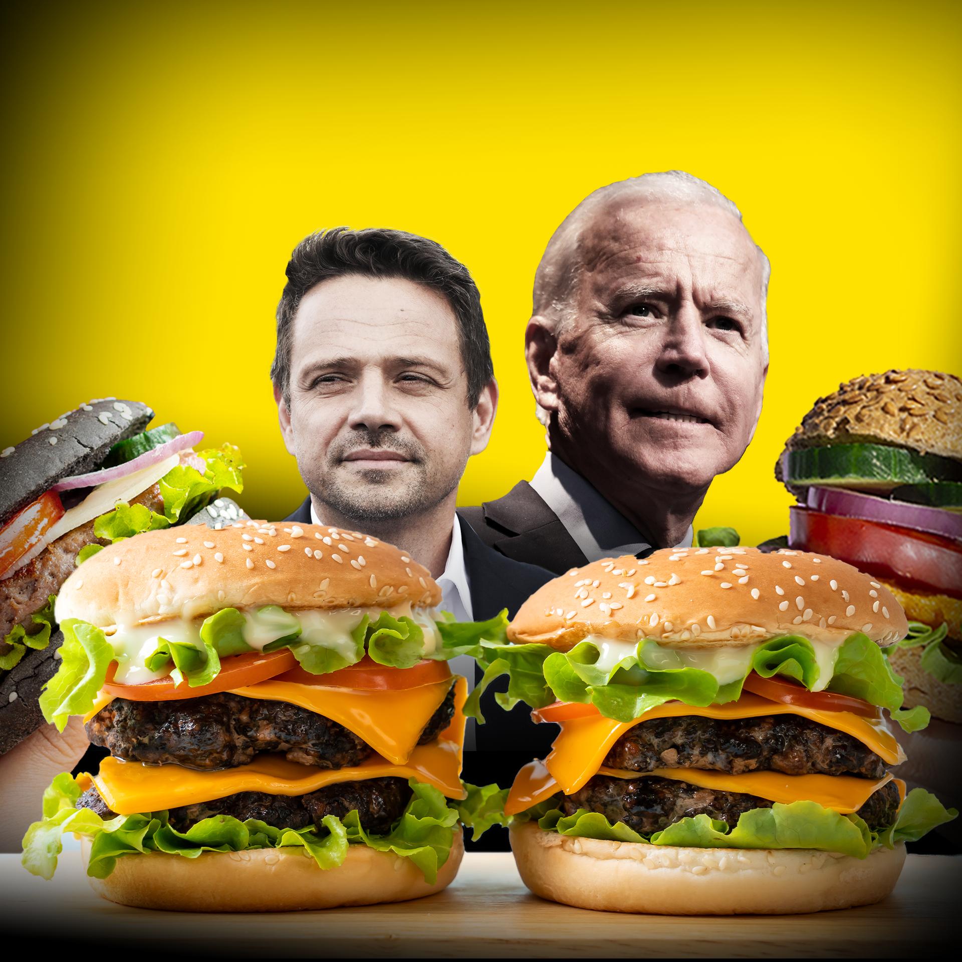 Rafał Trzaskowski i Joe Biden otoczeni przez hamburgery
