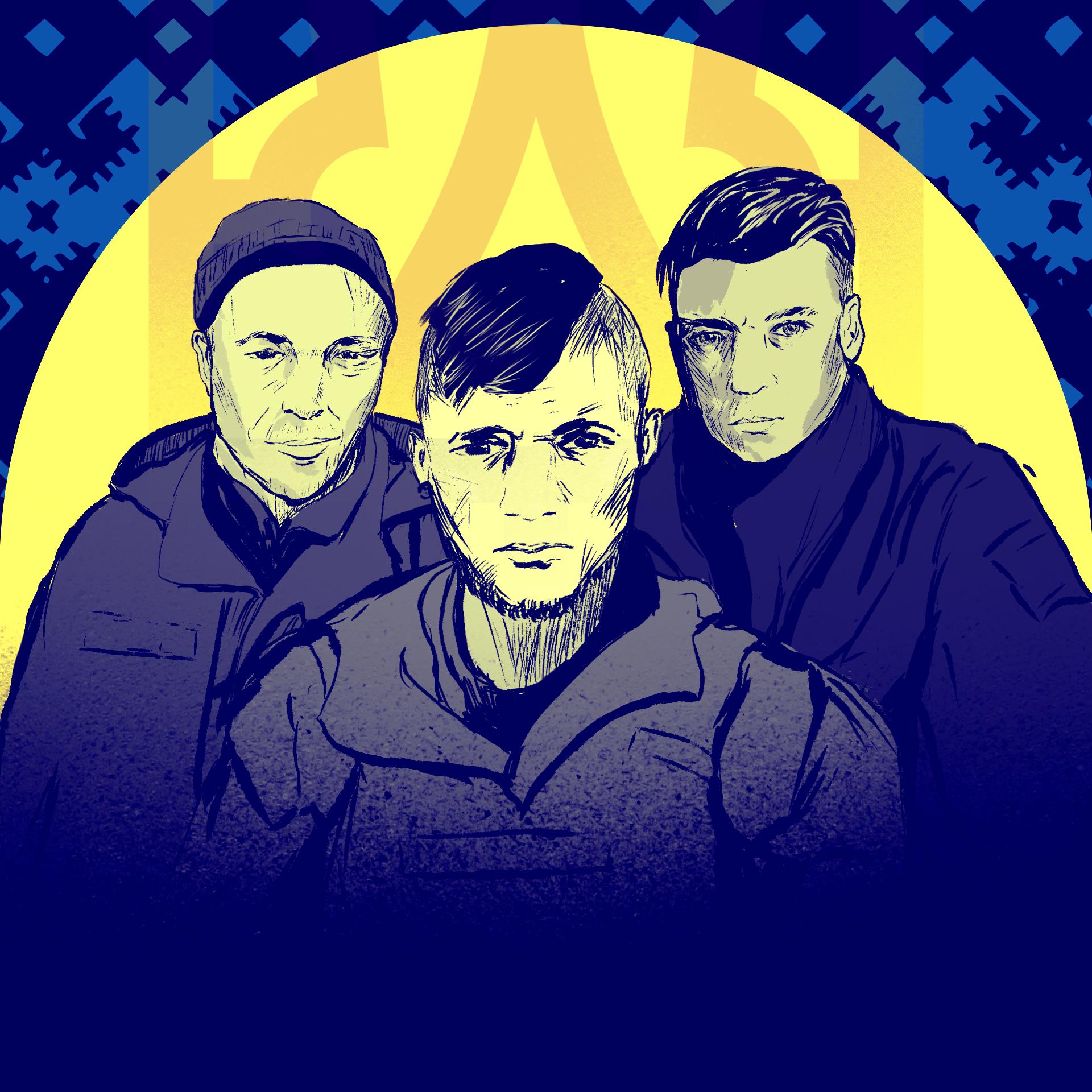 Trzech żołnierzy na żółto-niebieskim tle