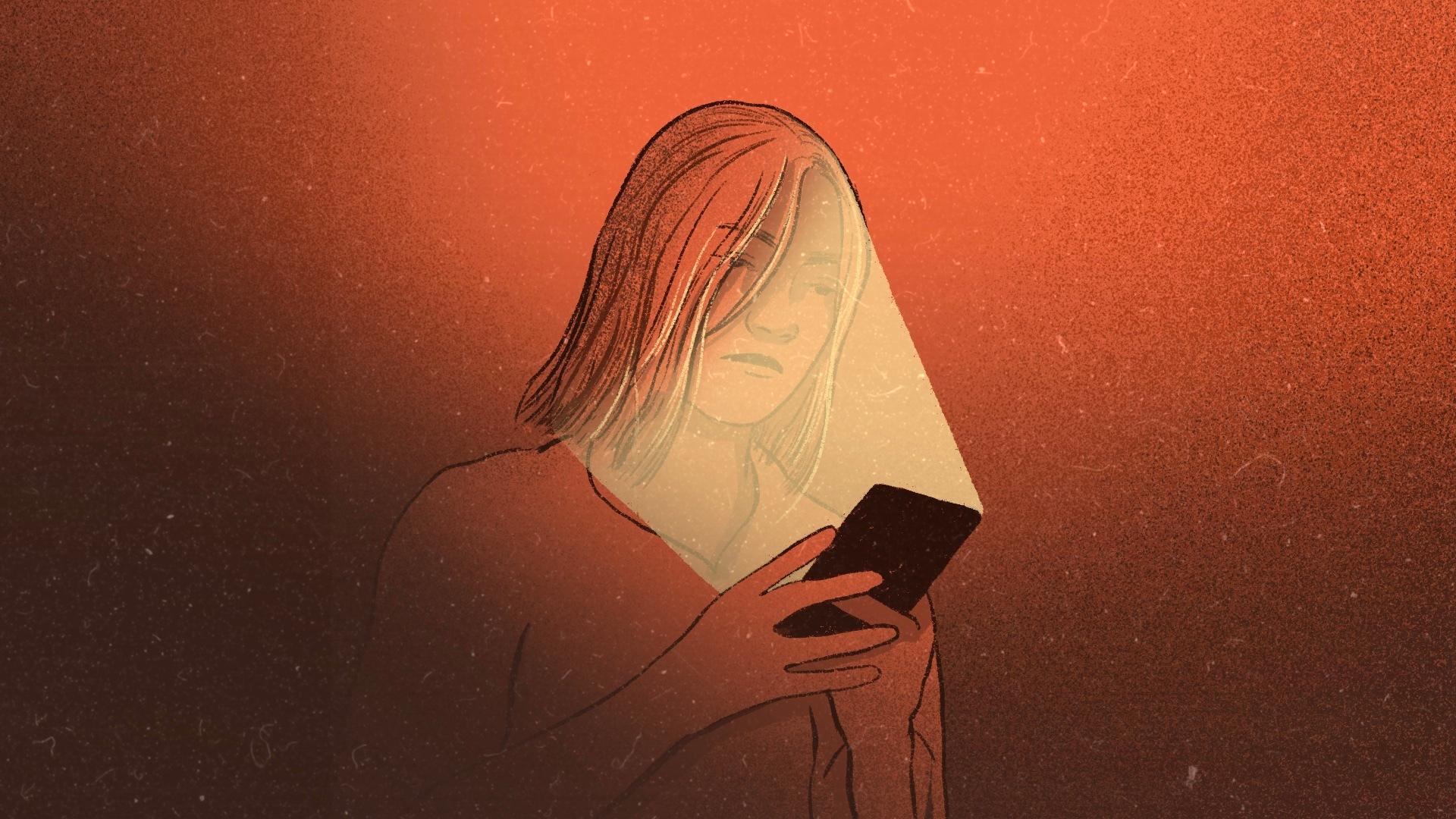 rysunek kobiety patrzącej w telefon komórkowy