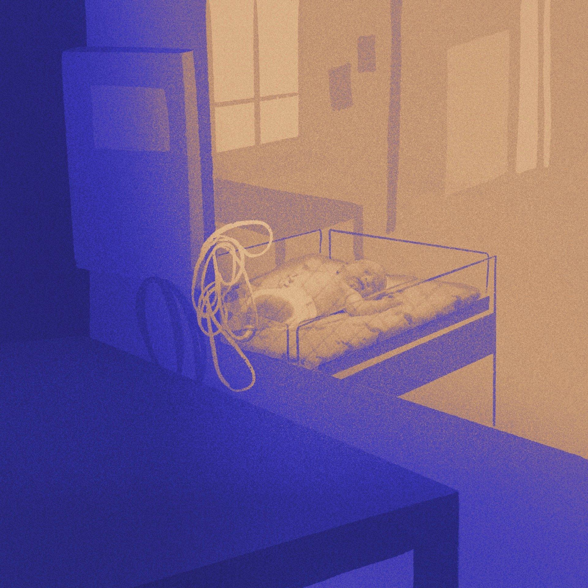 Ilustracja przedstawiająca niemowlaka w szpitalnym łóżeczku. Niechciane dzieci z Charkowa.