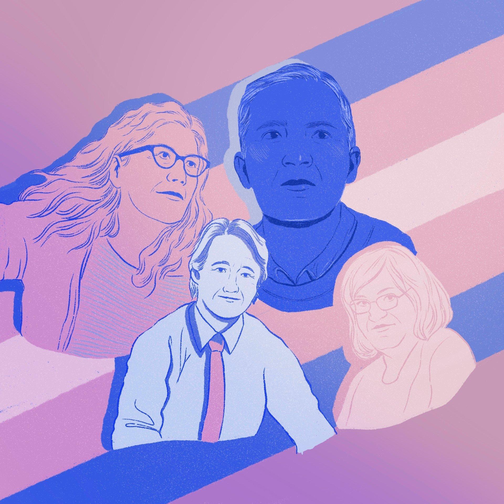 Na ilustracji ikony walki o prawa osób transpłciowych. Od lewej: Susan Stryker, Lou Sullivan, Paul. B. Preciado, Anna Grodzka