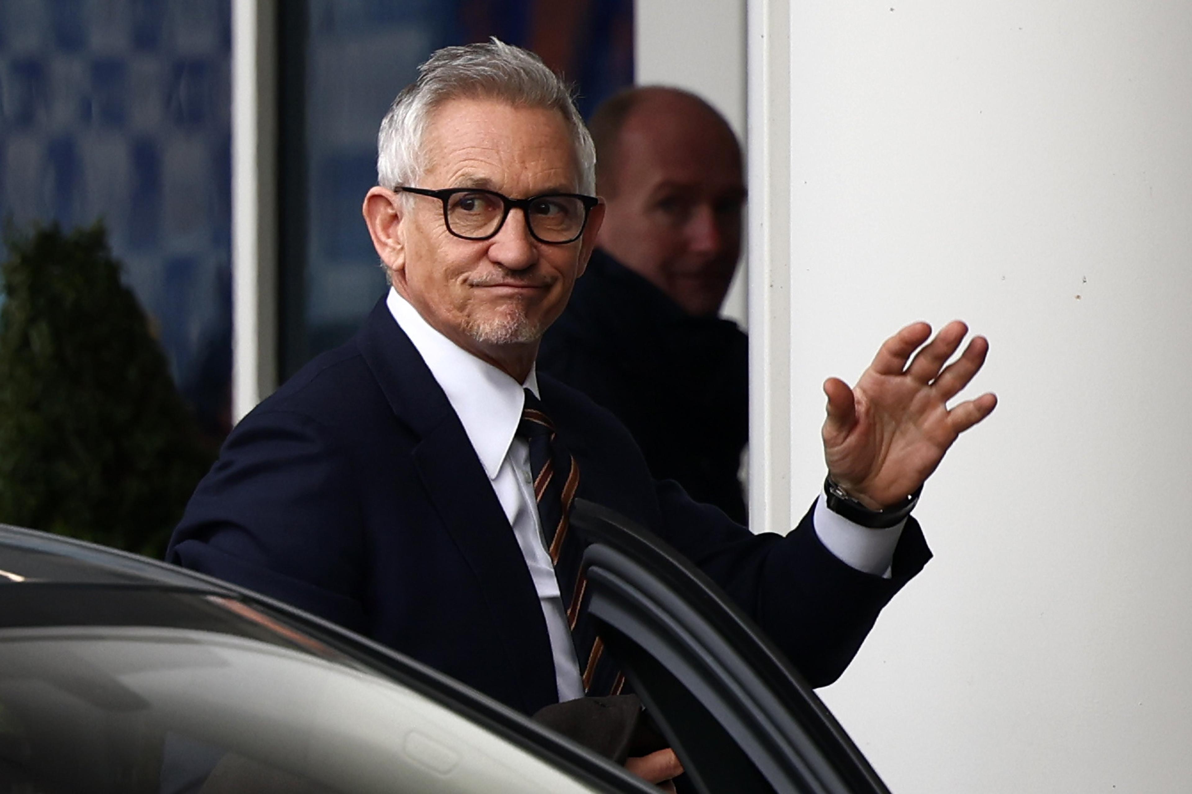 Gary Lineker, former England footballer turned sports TV presenter for the BBC, arrives at the King Power Stadium in Leicester, central England on March 11, 2023, ahead of the English Premier League football match between Leicester City and Chelsea. - The BBC's sport service was in meltdown on Saturday after pundits and commentators refused to work in support of presenter Gary Lineker, who was forced to "step back" after accusing the government of using Nazi-era rhetoric. Match of the Day presenter Lineker, England's fourth most prolific goalscorer, sparked an impartiality row by criticising the British government's new policy on tackling illegal immigration. (Photo by Darren Staples / AFP)