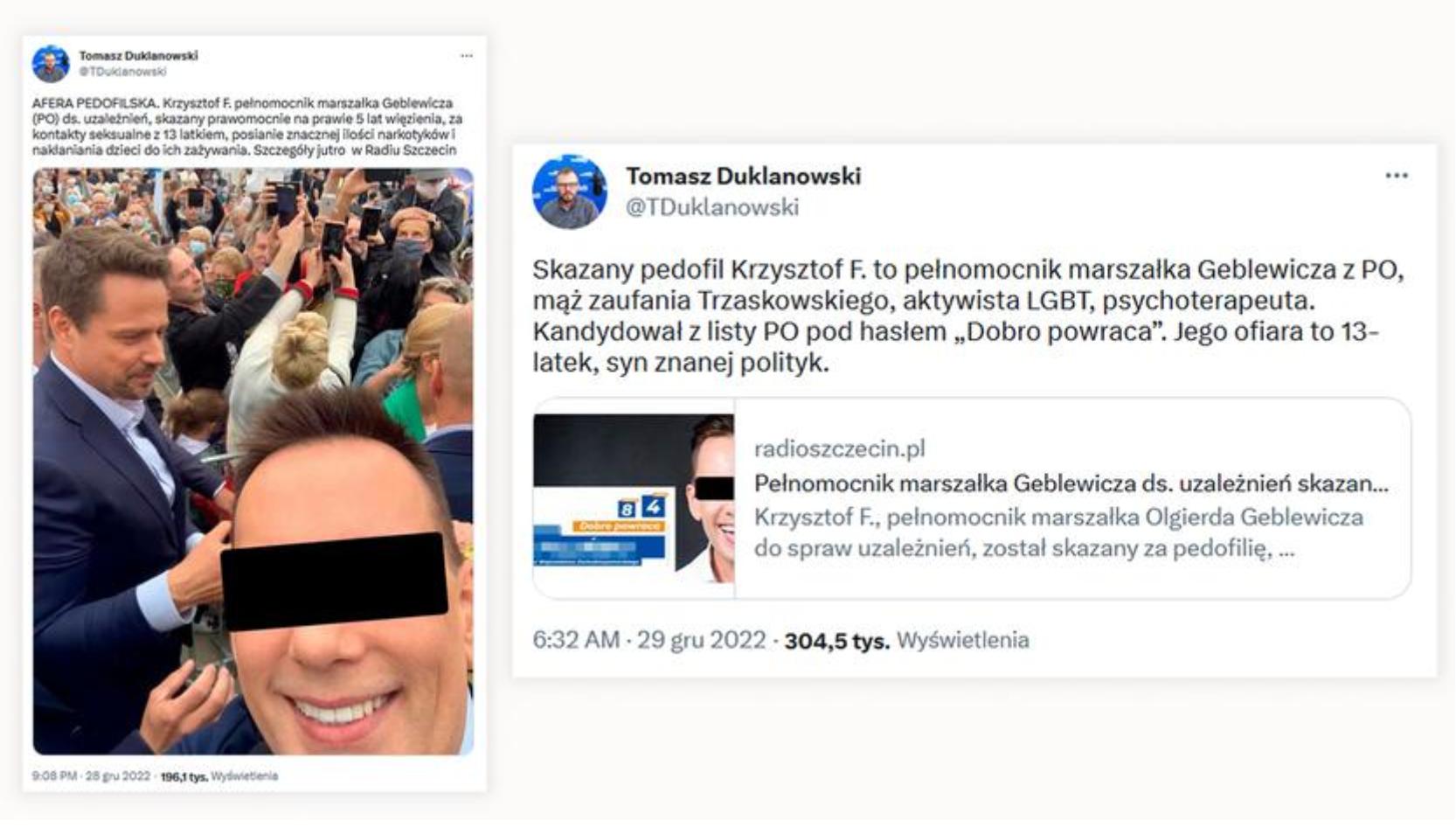 Tweety Tomasza Duklanowskiego, ujawniające, że ofiarą pedofila był 13-latek, syn znanej polityk.