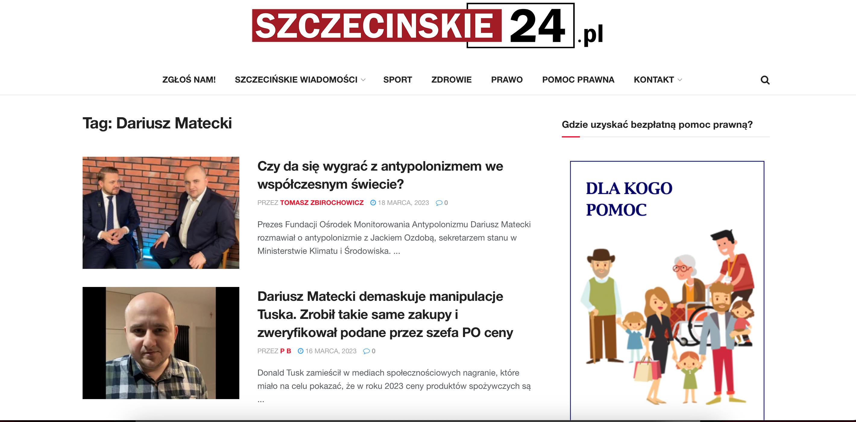 zrzut ekranu z portalu szczecinskie24 z artykułami o Mateckim