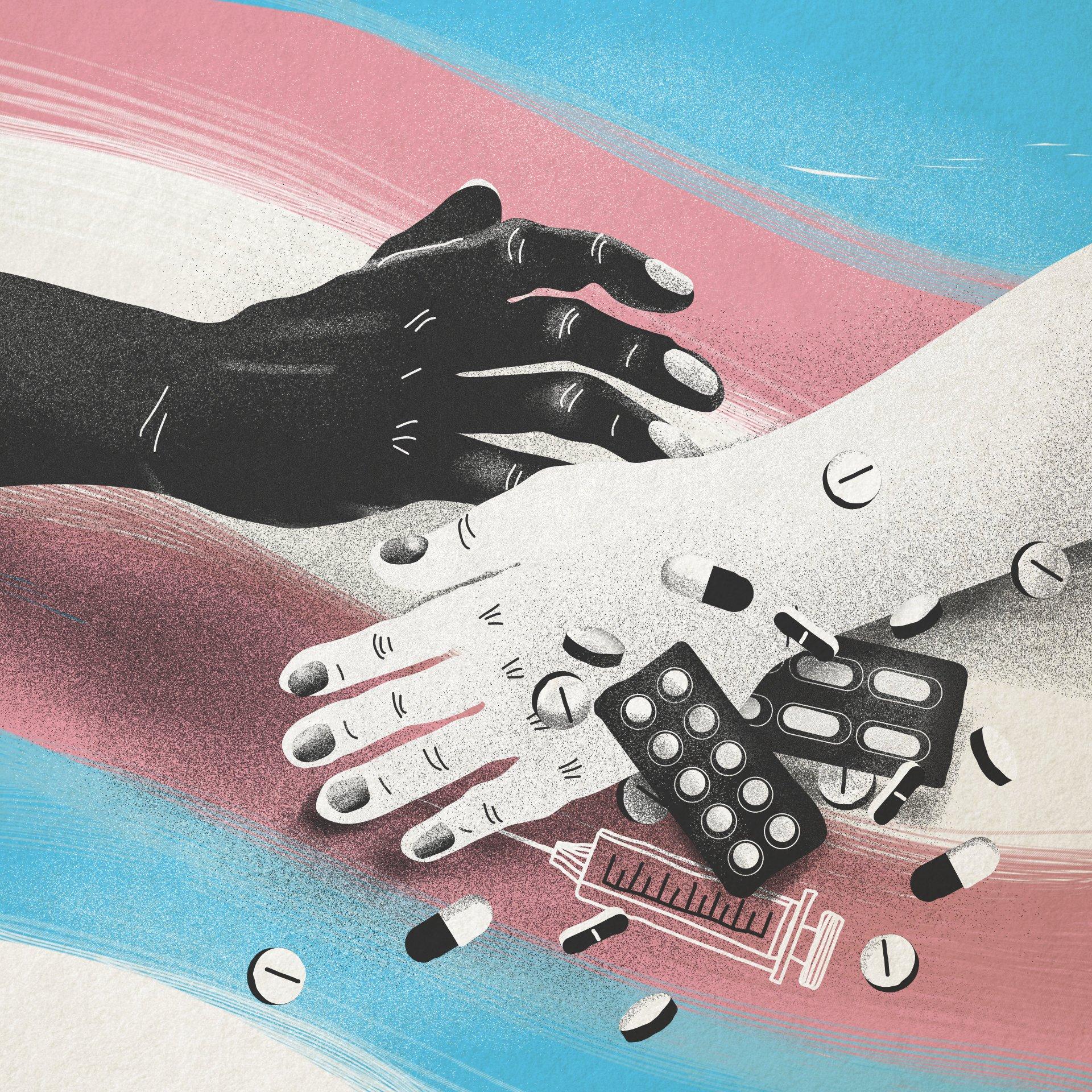 Ilustracja przedstawiająca dwie dłonie, czarną i białą oraz blistery z pigułkami na tle flagi osób transpłciowych. Tranzycja.