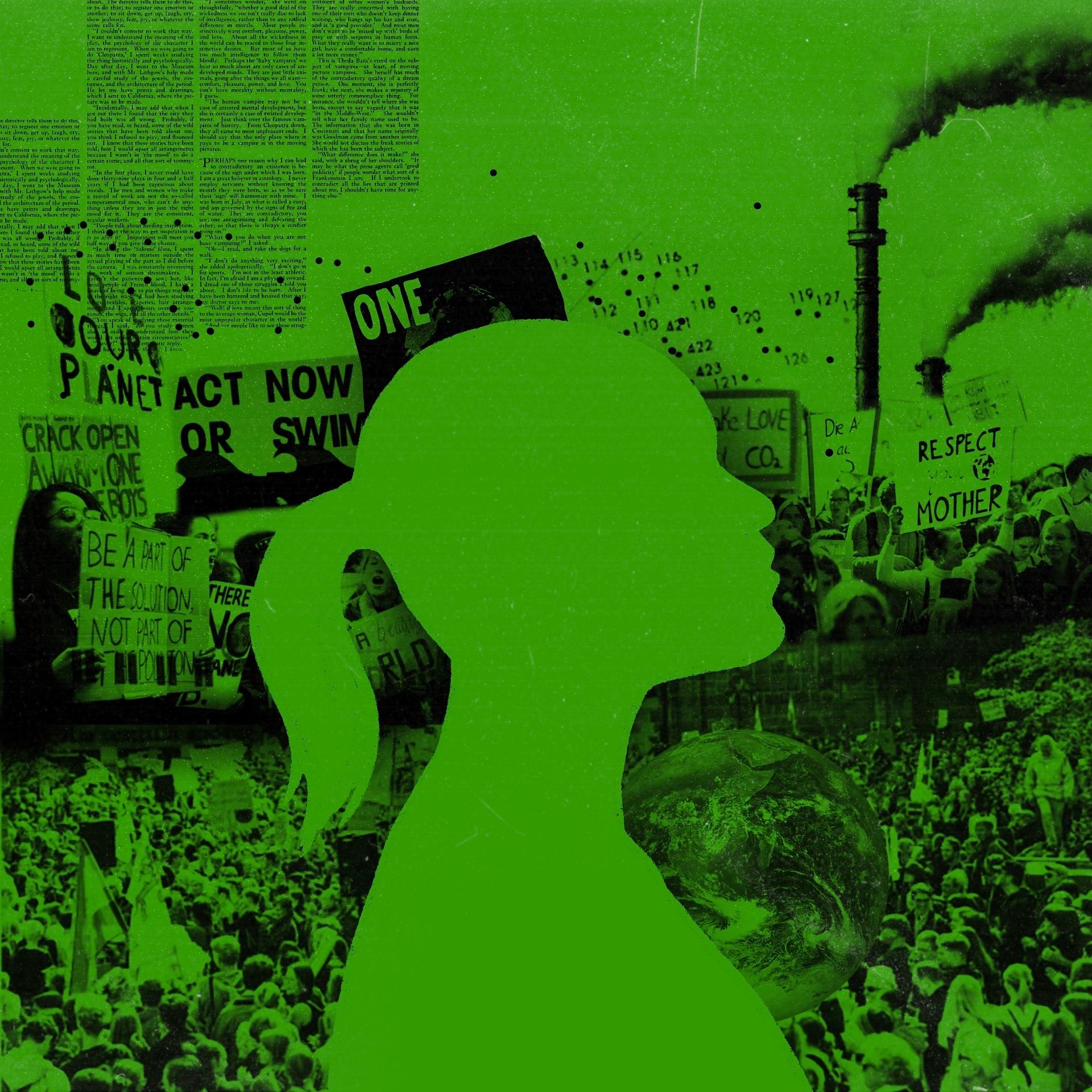 Zielona grafika: sylwetka młodej kobiety. W tle - prostety i dymiące kominy
