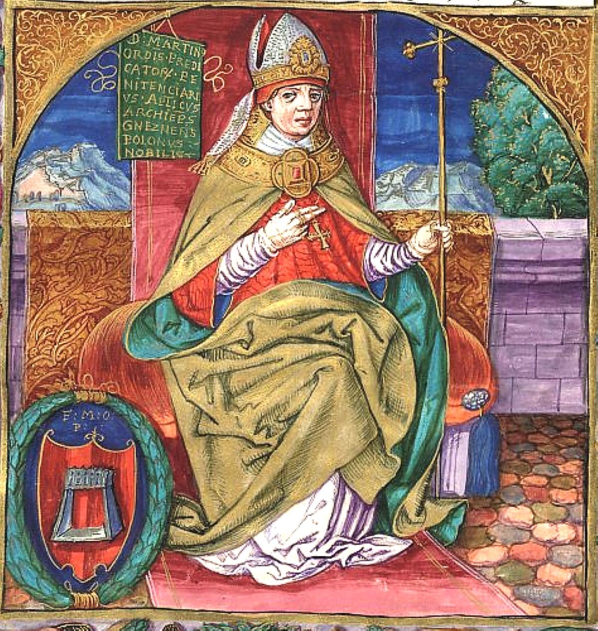 średniowieczna rycina przedstawiająca biskupa w stroju ceremonialnym