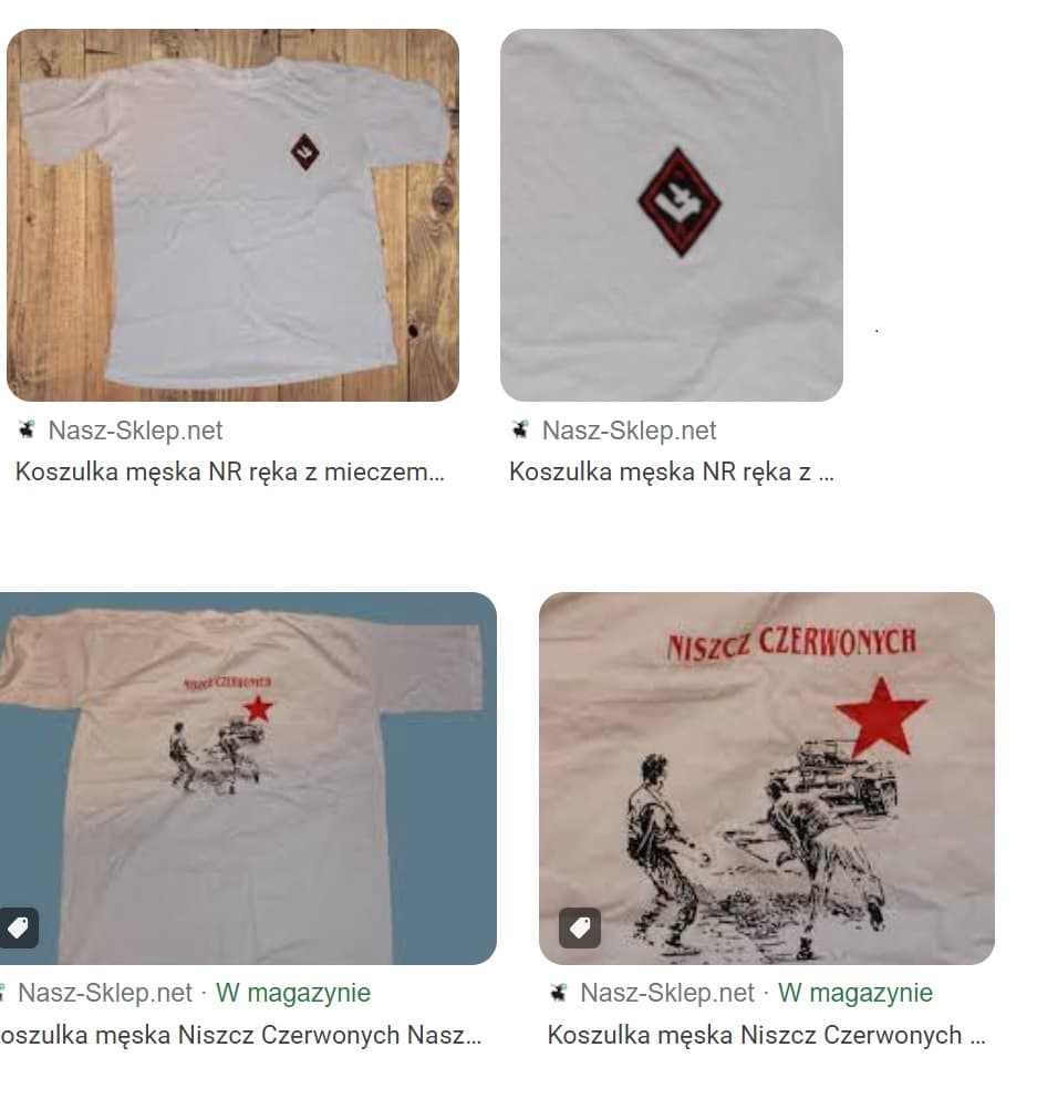 Koszulki z napisem "niszcz czerwonych" oraz symbolem falangi
