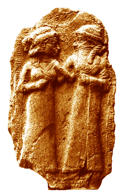 Fragmnet płaskorzeźby, dwie postacie obok siebie, splecone ręce